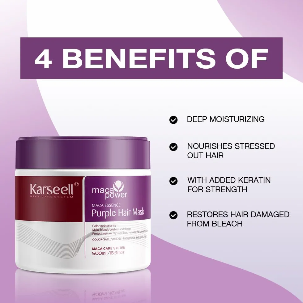Karseell Mascarilla Pelo Violeta, Reparación del Cabello Teñido Iluminar el cabello Para Pelo Rubio, Gris, Canas, 500ml