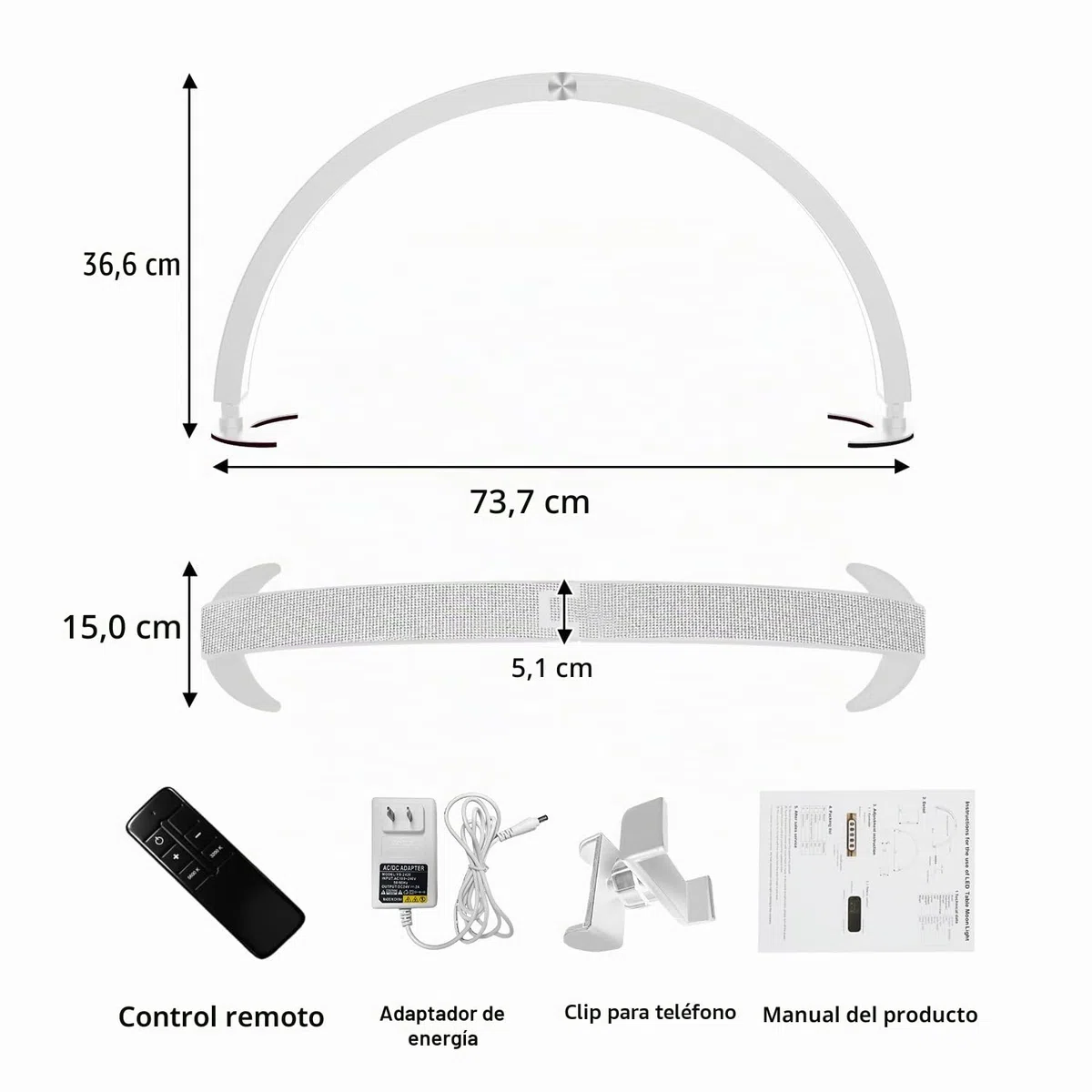 yAyusi Media Luna Lámpara para Uñas con Soporte, 74CM 40W Luz Técnica para Uñas, Lámpara de Mesa para Uñas con Controlador de Cable y Control Remoto, 7 Modos 10 Brillos para Belleza/Pestañas (Blanco)