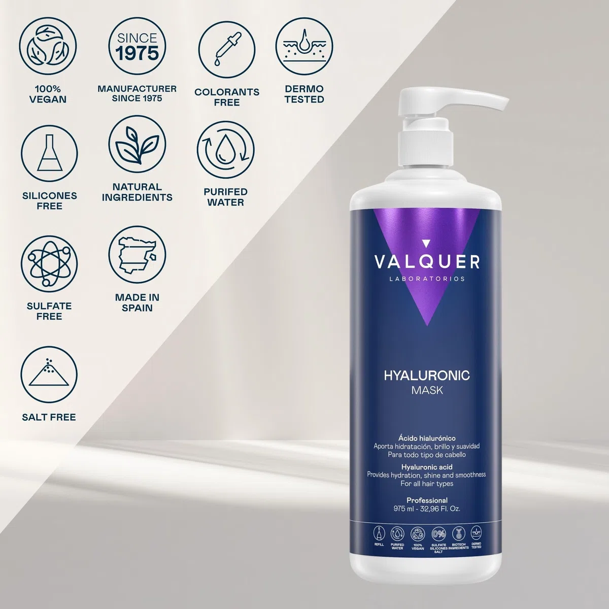 VALQUER Mascarilla Ácido Hialurónico Zero | Hidrata, Repara y Revitaliza el Cabello Dañado y Seco | Con Pantenol, Keratina y Aloe Vera | Vegano | 975 ml