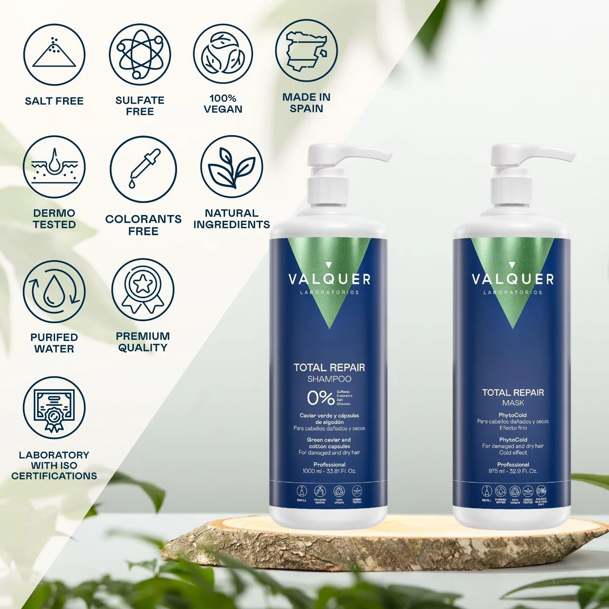 VALQUER Pack Total Repair Champú y Mascarilla Zero | Repara, Nutre e Hidrata el Cabello Dañado y Seco | Con Caviar Verde, Vitamina E y Cápsulas de Algodón | Vegano | 1 L + 975 ml