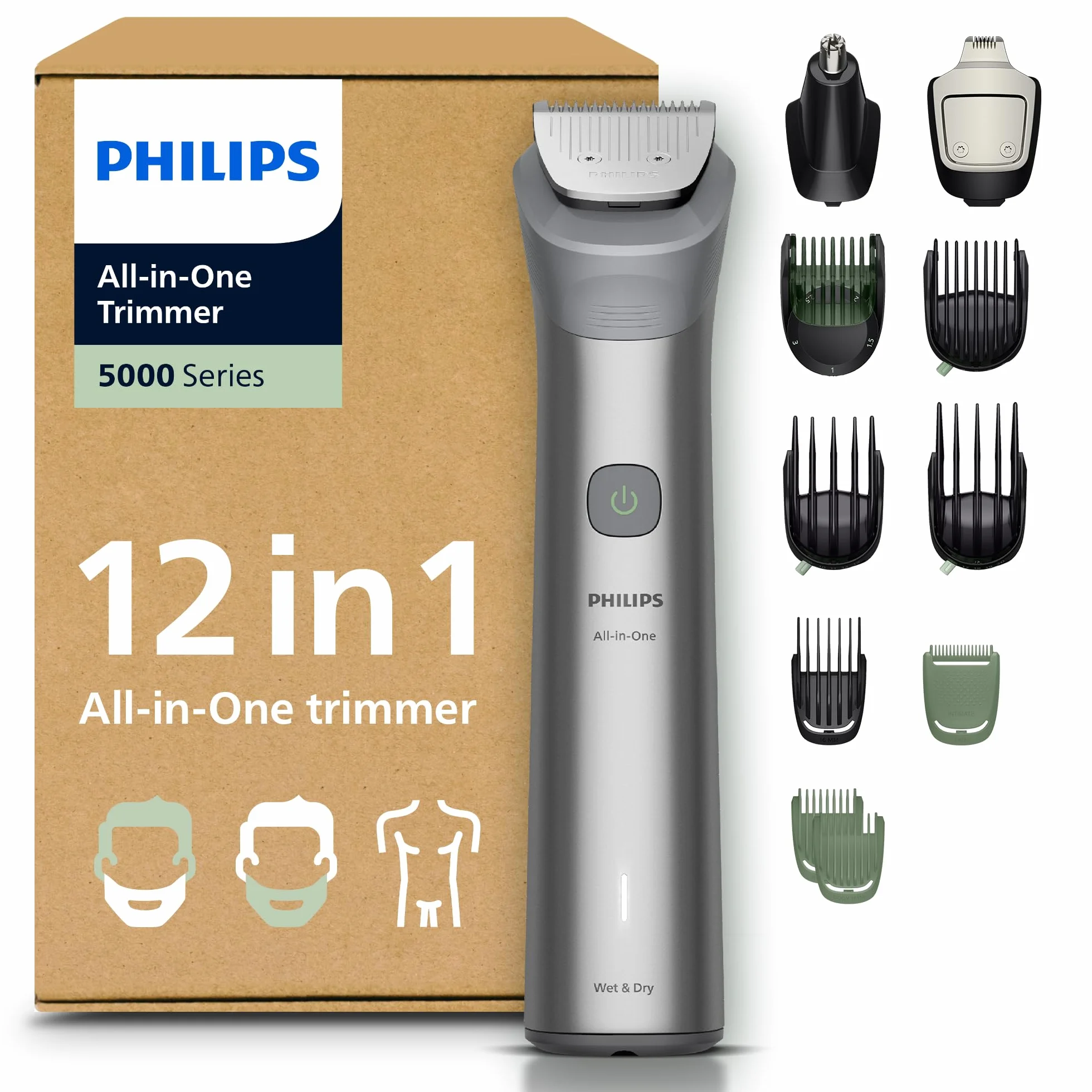 Philips Recortadora todo en uno de 12 en 1 Serie 5000 - Afeitadora y cortapelos hombre para rostro, cabeza y cuerpo, cuchillas de acero autoafilables, 20 longitudes, recargable, MG5952/30