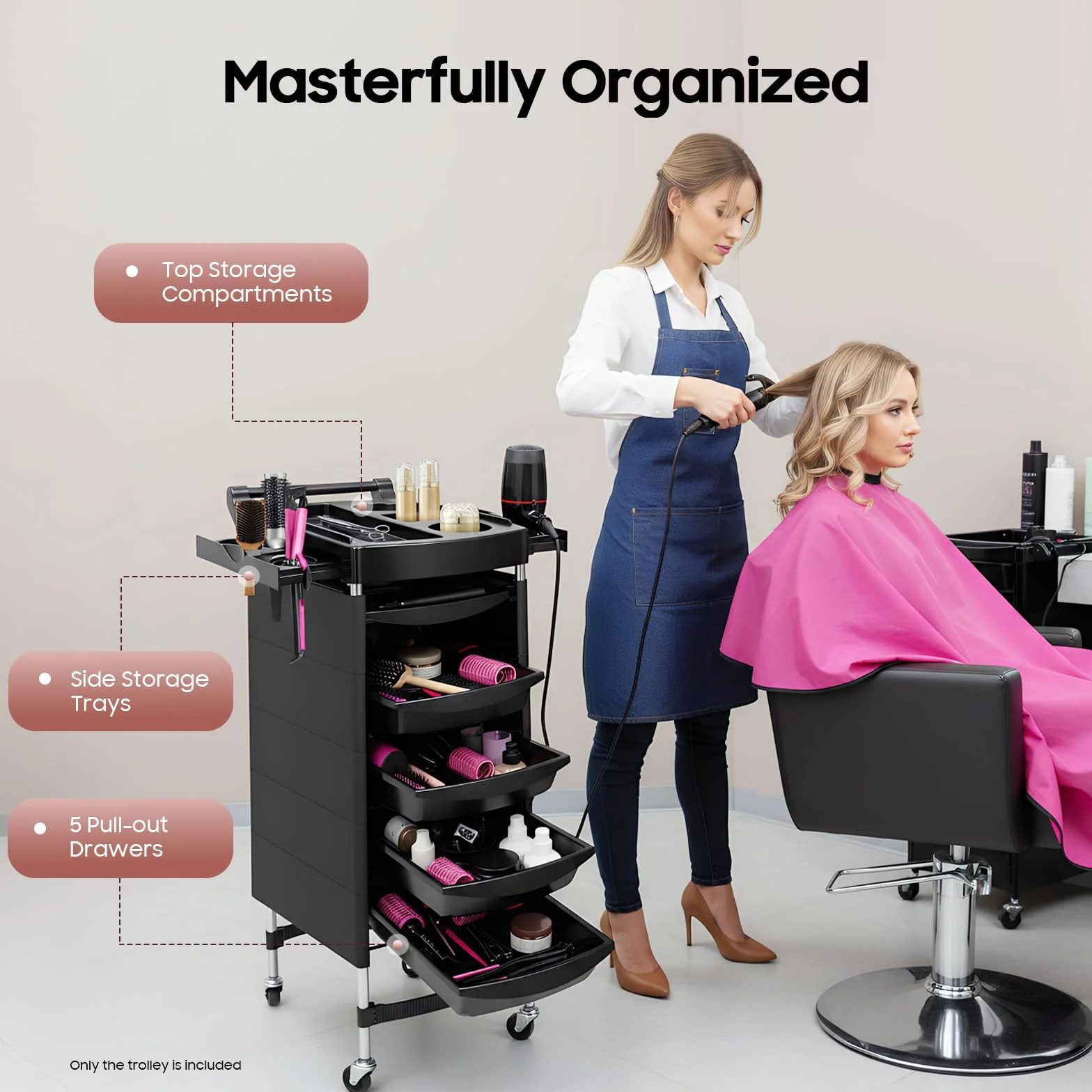 Carro de Peluquería Negro, Carro con Ruedas, Lavacabezas Peluqueria con 5 Cajones y Ruedas 360°, Bandeja Superior 30kg, Carros de Mantenimiento con Ruedas, para Salón de Belleza y Hogar