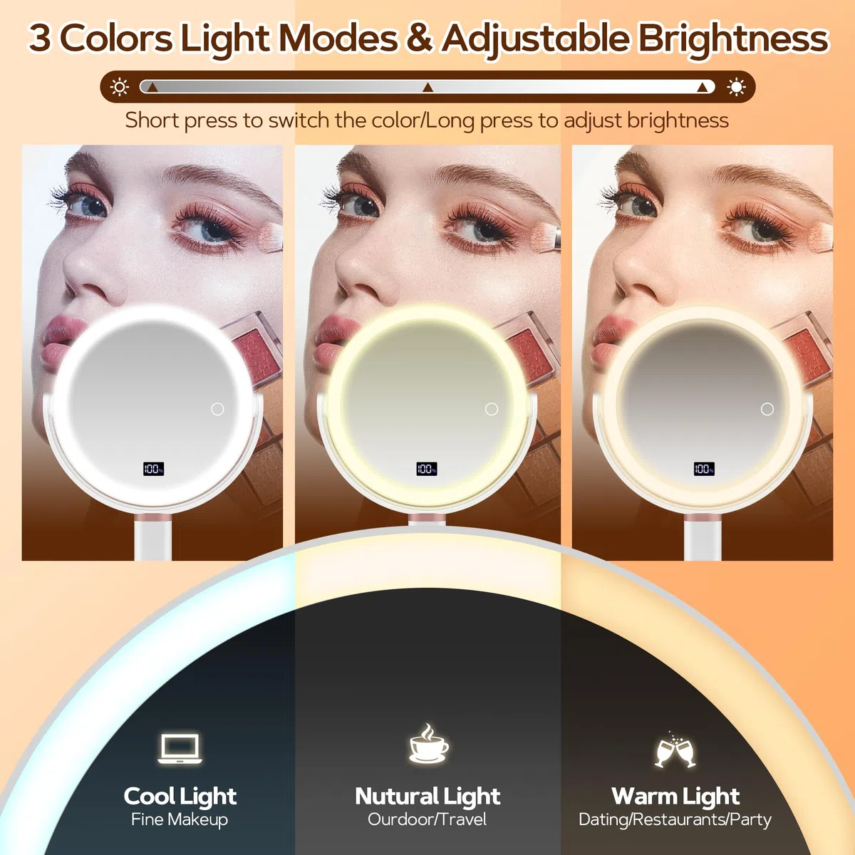 B Beauty Planet Espejo Maquillaje con Luz, 30X/1X Espejo Aumento con Luz, Doble Cara, Espejo de Maquillaje Iluminado Pinzas, 3 Modos de Color con Brillo y Altura Ajustable (Blanco)