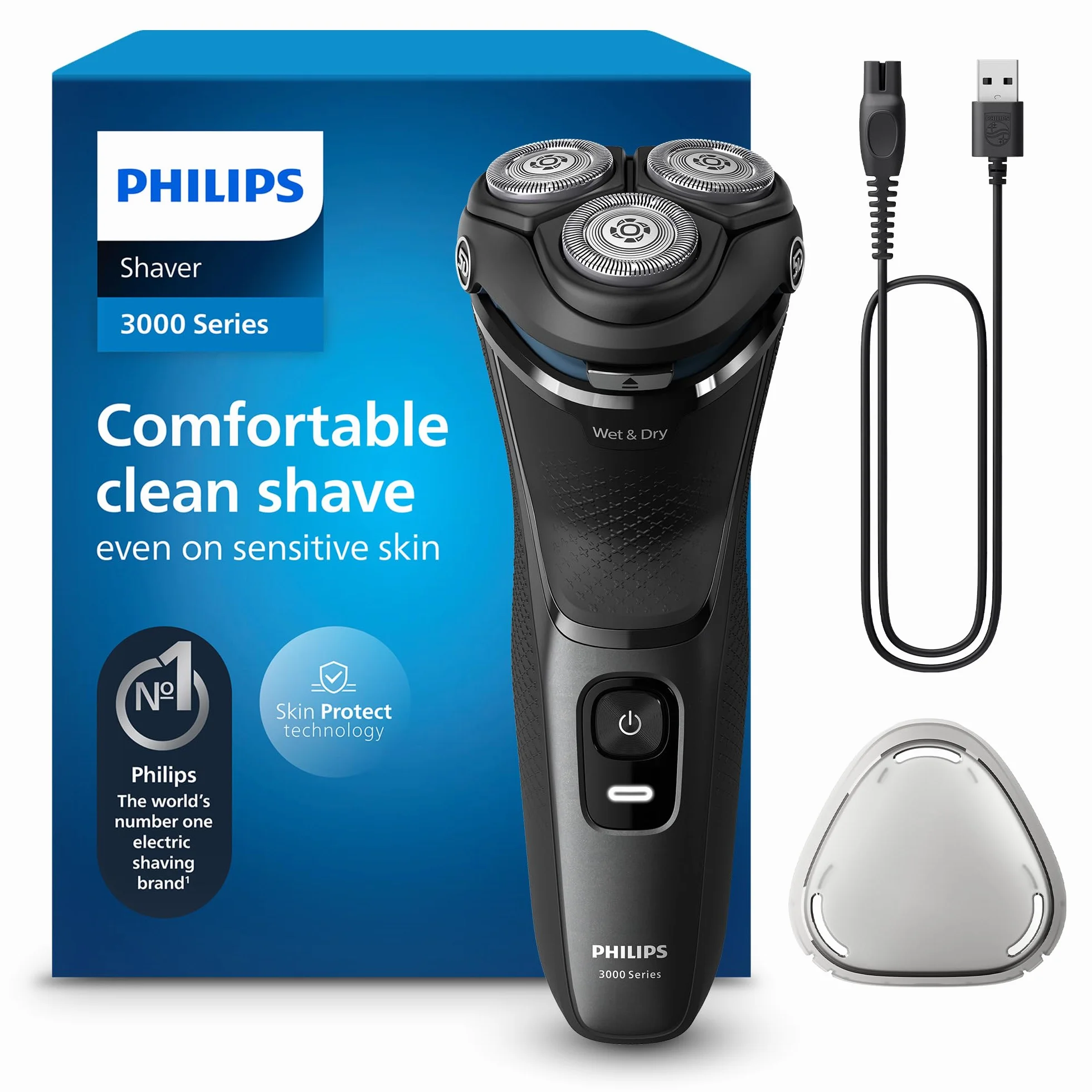 Philips Serie 3000 Afeitadora Eléctrica Hombre, Máquina de Afeitar Barba con Cortapatillas, 27 cuchillas, Cuida la piel, 60min de uso, En Seco y Húmedo, Recargable, S3145/00, Luna