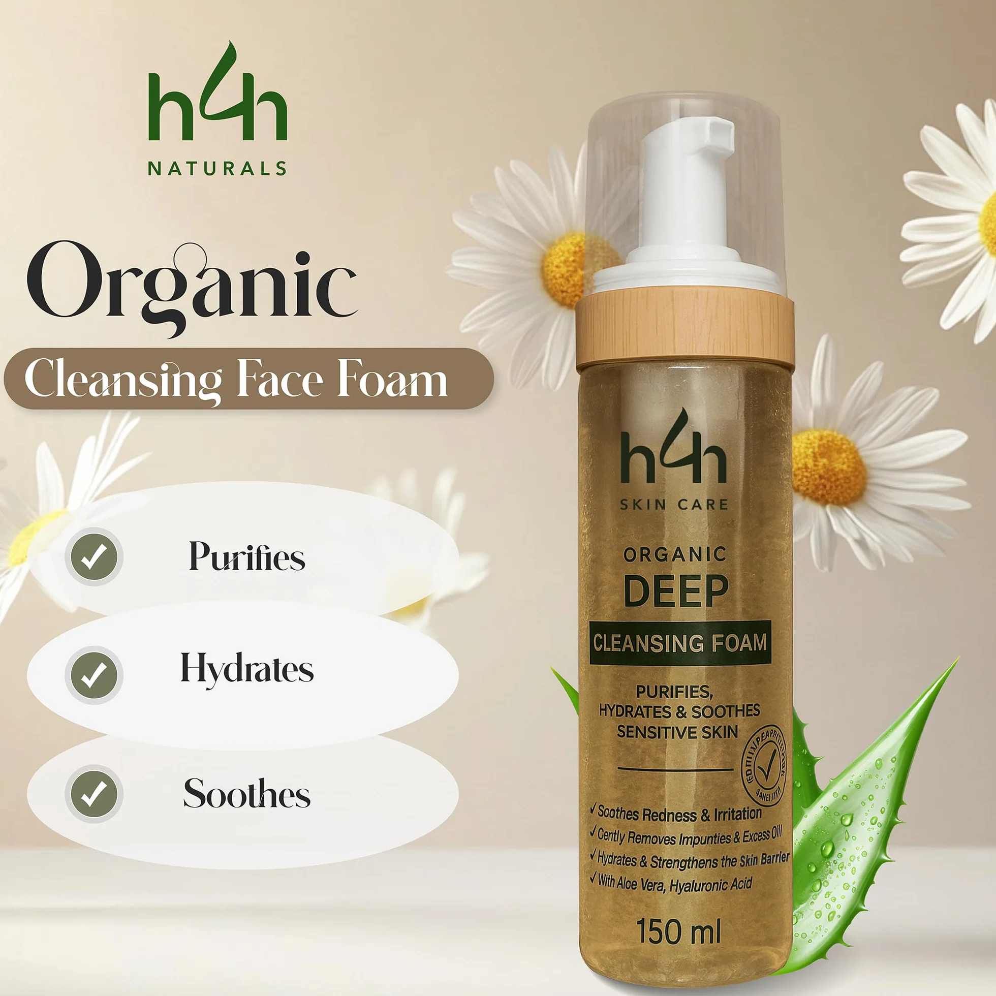 Espuma limpiadora facial orgánica – Limpieza facial suave para pieles sensibles – Con aloe vera, ácido hialurónico y manzanilla – Limpiador de espuma hidratante – Vegano y sin perfume – 150 ml