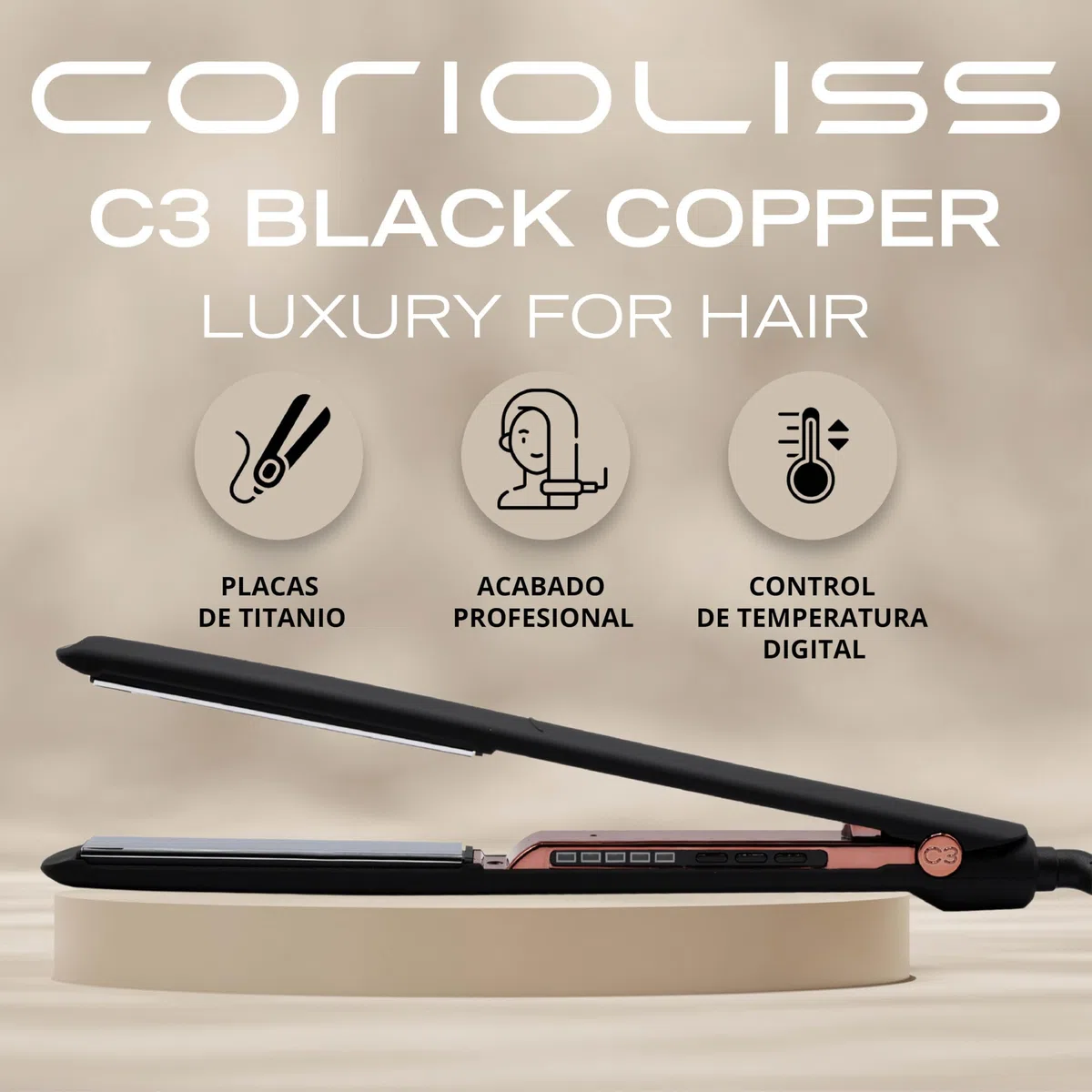 Corioliss C3 | Plancha del pelo Profesional | Placas extralargas de titanio | Alisado y Ondas | Temperatura ajustable 135º-235º | Calentamiento 20 seg | Con funda de Viaje | Black Copper