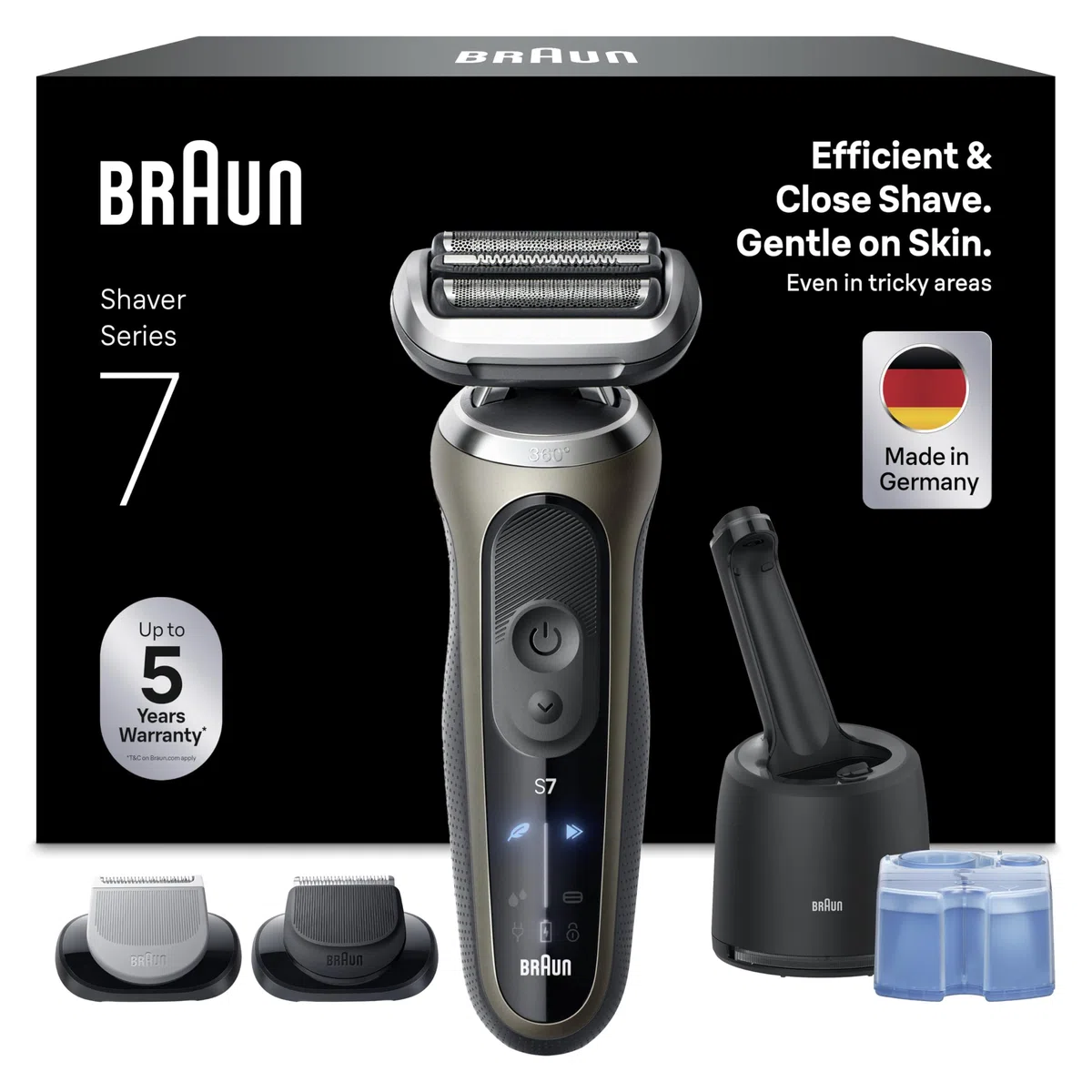 Braun Series 7 Afeitadora Eléctrica Hombre, 72-C7650CC, Oro - Máquina de Afeitar Resistente al Agua, 3 Modos de Afeitado, 60 Min de Uso, Centro de Limpieza, 2 Accesorios de Rasurado Y Estuche de Viaje