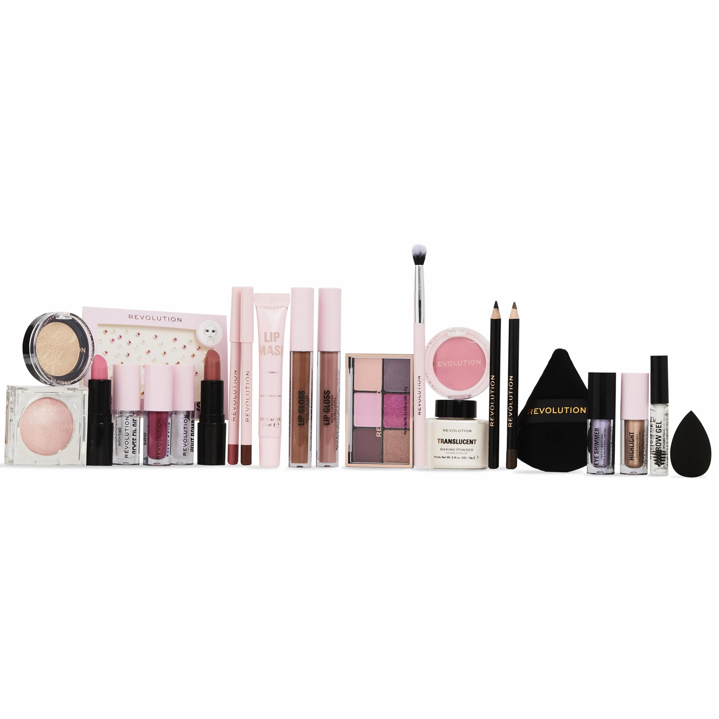 Revolution Beauty Calendario de Adviento de 24 productos, Set de Regalo con Brillo de Labios, Máscaras Labiales, Pinceles y Gel para Cejas, Vegano y Libre de Crueldad