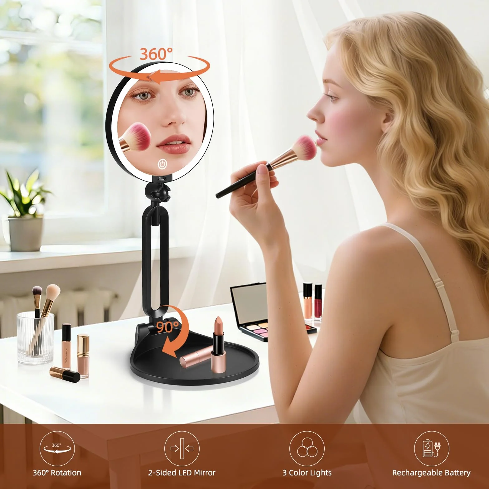 Espejo de maquillaje con aumento iluminado 30X/1X, espejo de maquillaje de doble cara con aumento 1X/30X y 3 luces de colores, espejo de escritorio recargable con aumento 30X y rotación de 360°