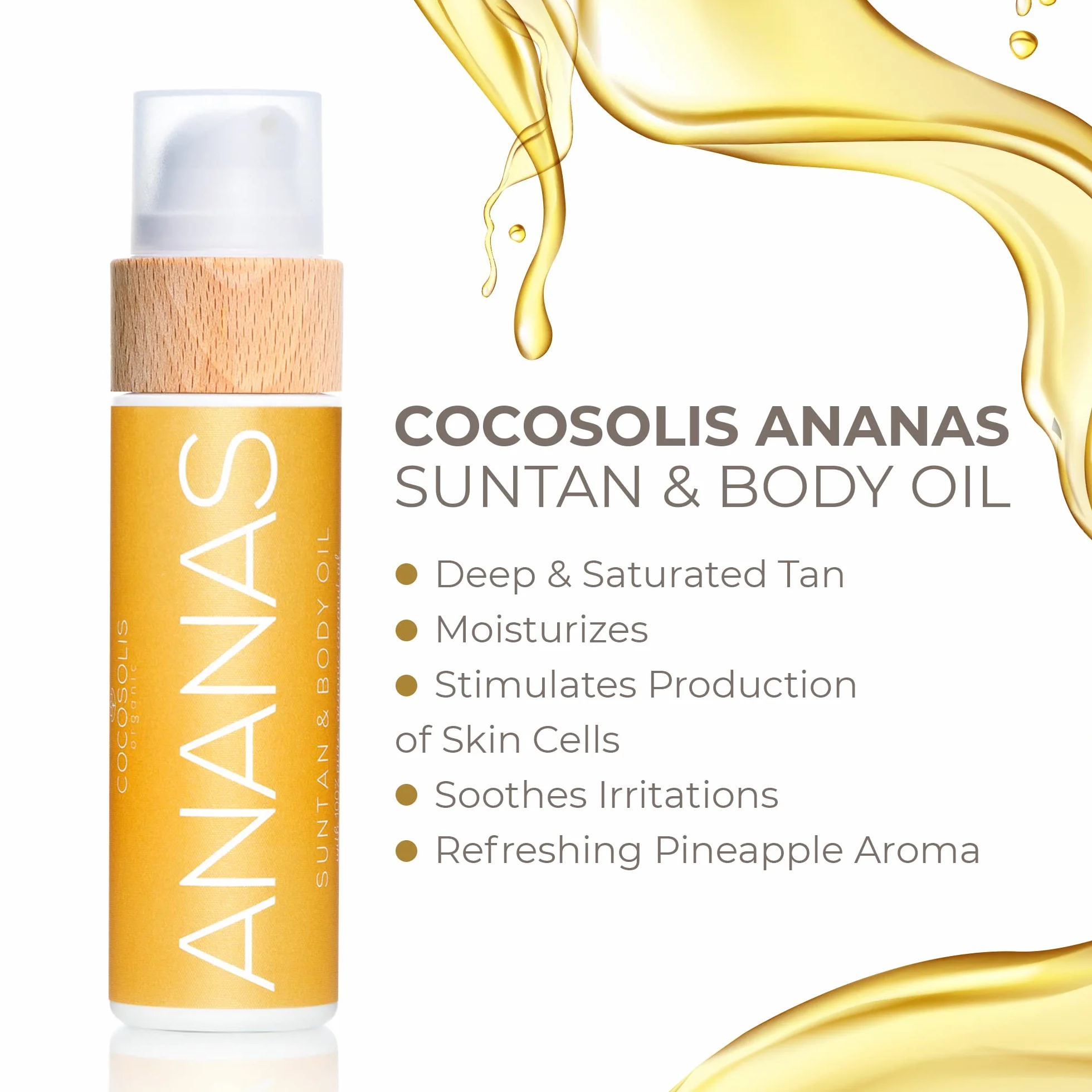 COCOSOLIS ANANAS Acelerador del bronceado - aceite de bronceado orgánico con vitamina E y aroma de piña para un bronceado intensivo rápido de chocolate - loción corporal nutritiva (110 ml)
