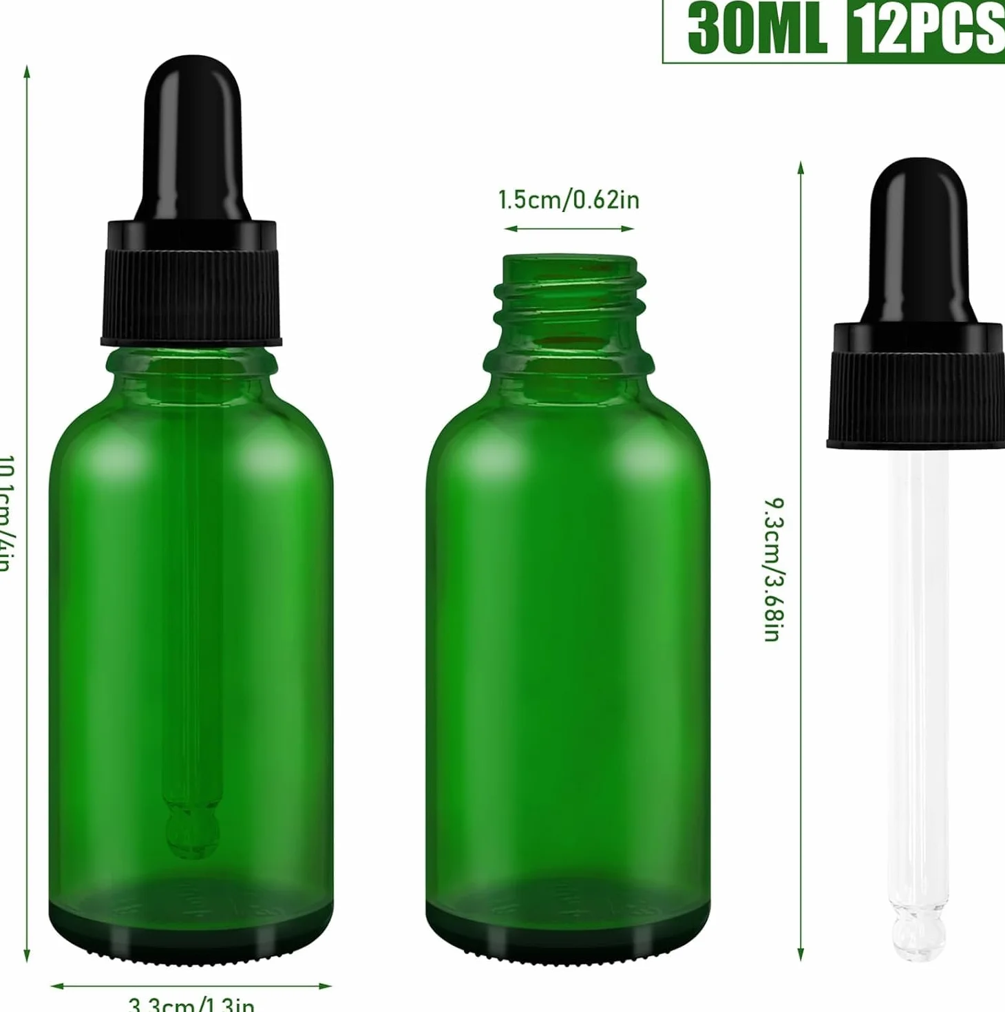 AMJKEJI 12 Piezas Frascos Cuentagotas 30 ml, Verde Cristal Botellas Cuentagotas con 2 Goteros y Embudos, Botellas Cuentagotas de Vidrio para Aceite Esencial, Fragancia, Aromaterapia, Laboratorio