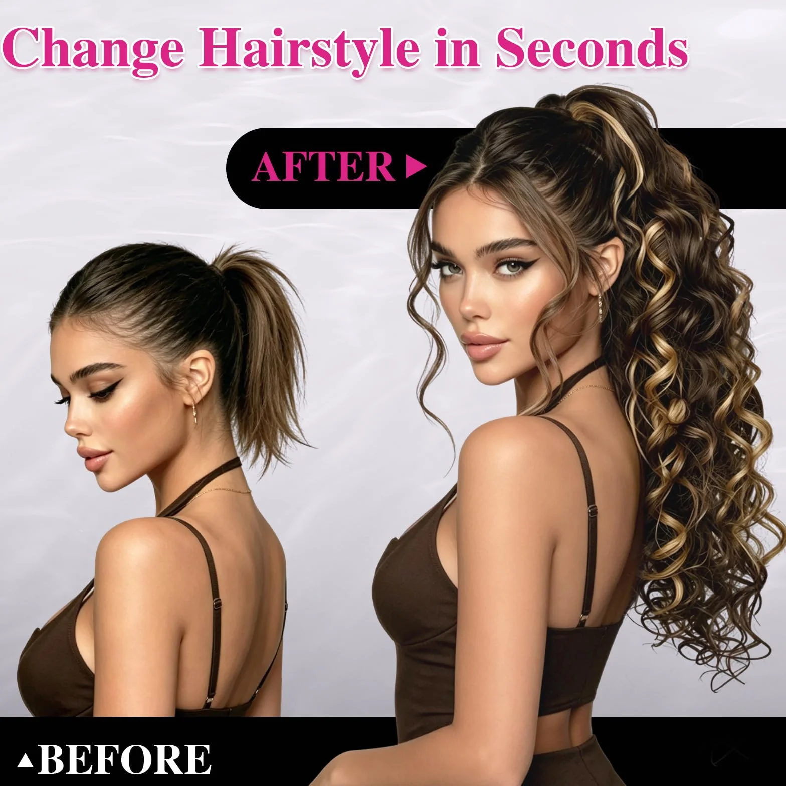 FESHFEN Coletas Postizas Rizado con Pinza - Coleta Postiza Pelo Negro Natural Ondulado Larga Ponytail Clip de Extensiones de Cabello Sintético Cola Postizos para Mujeres, 65 cm