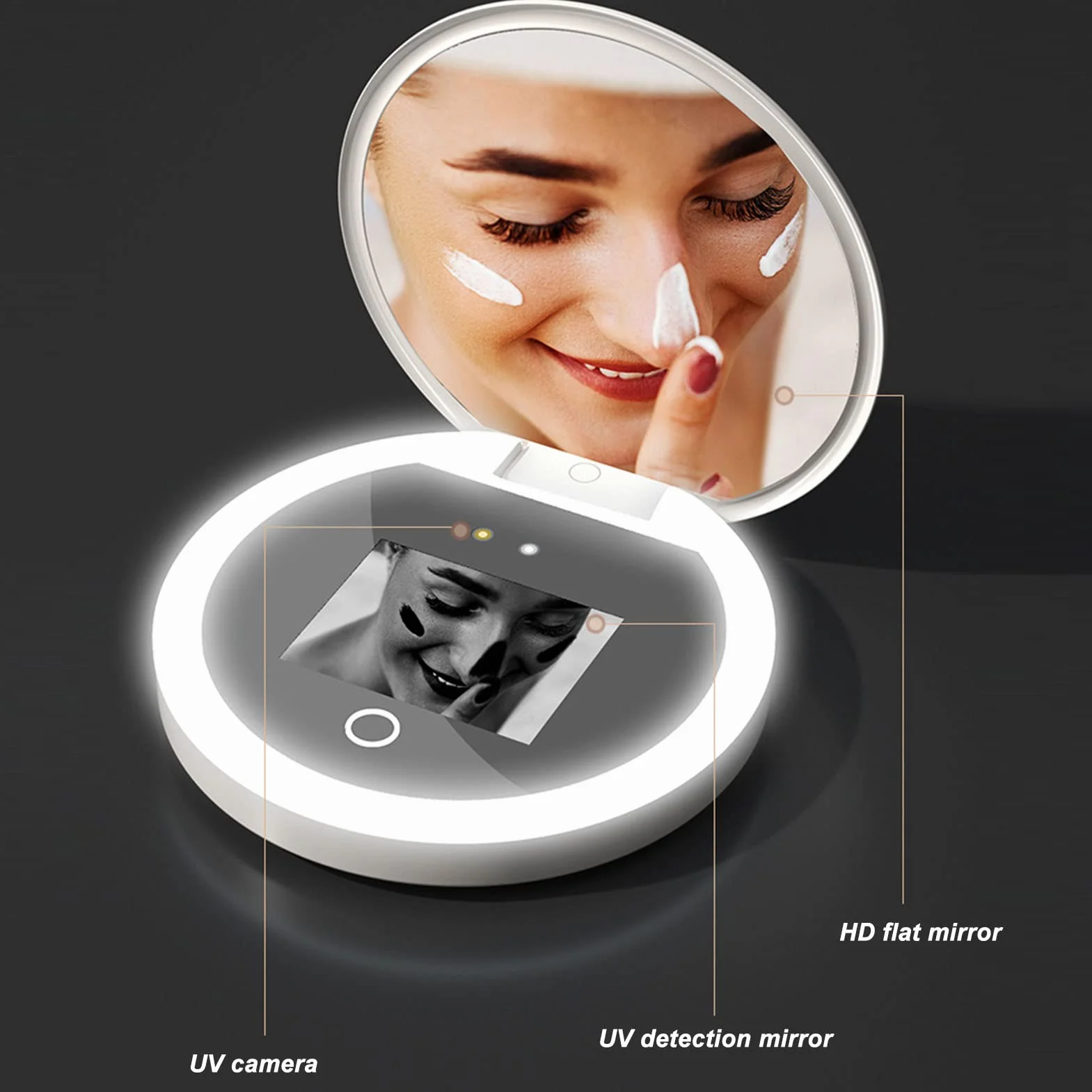 Espejo Compacto de Viaje con Cámara de Prueba de Protección Solar UV, Espejo Iluminado Portátil de Aumento 2X para Bolsillo de Bolso, 3.5 Pulgadas