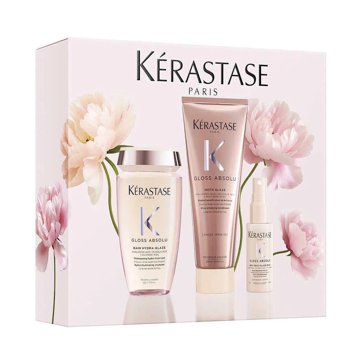 Kérastase Trio Spring Set Gloss Absolu 2026 545 ml - Pack Cabello Largo con Encrespamiento, Champú Bain Hydra-Glaze 250 ml, Insta-Glaze 200 ml y Anti-Frizz Glaze Milk 45 ml