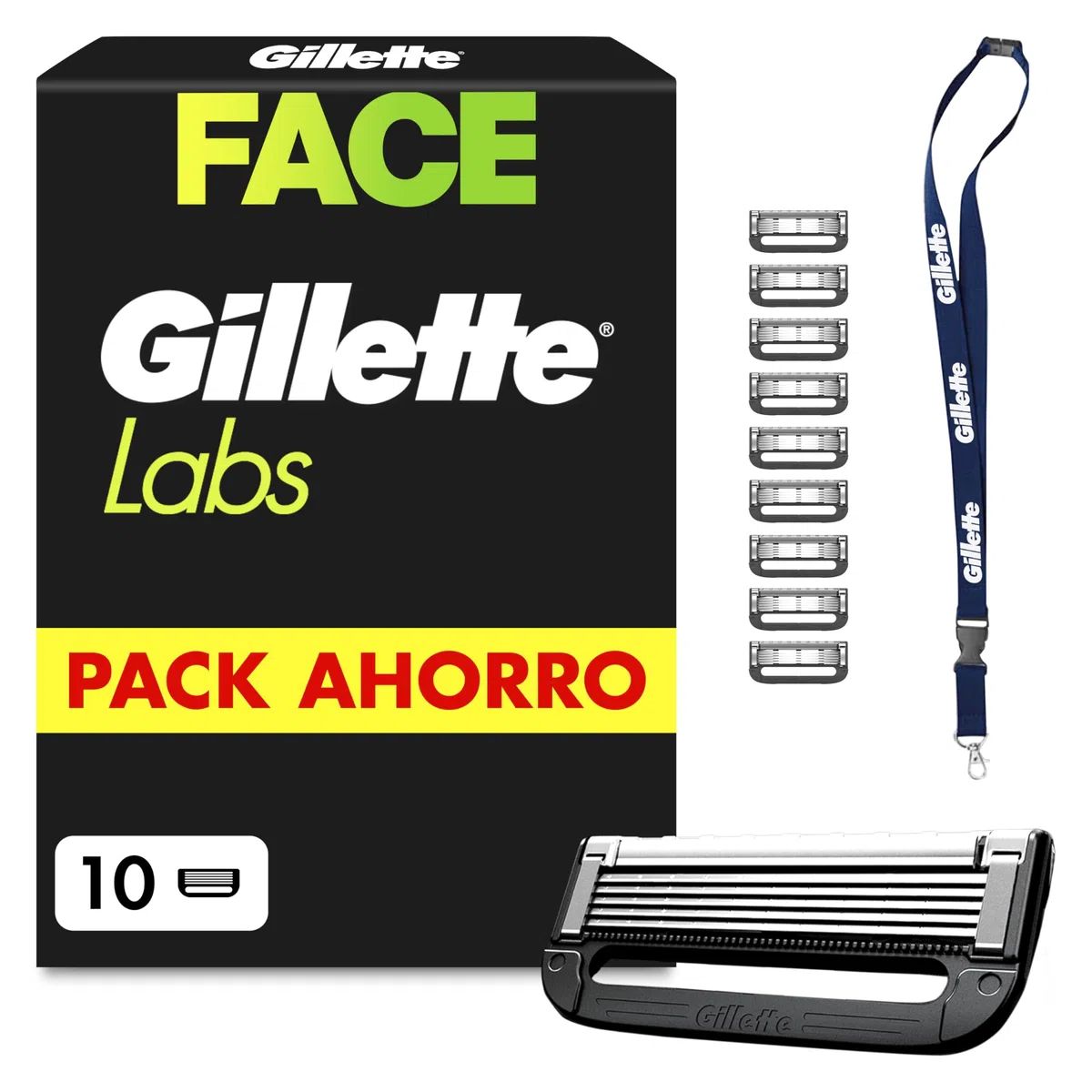 GilletteLabs Recambios para Maquinillas de Afeitar Hombre + Colgante, Pack de 10 - Cuchillas de Afeitar con 5 Hojas Y Banda Lubricante, Compatible con Todas Las Maquinillas Gillette Labs