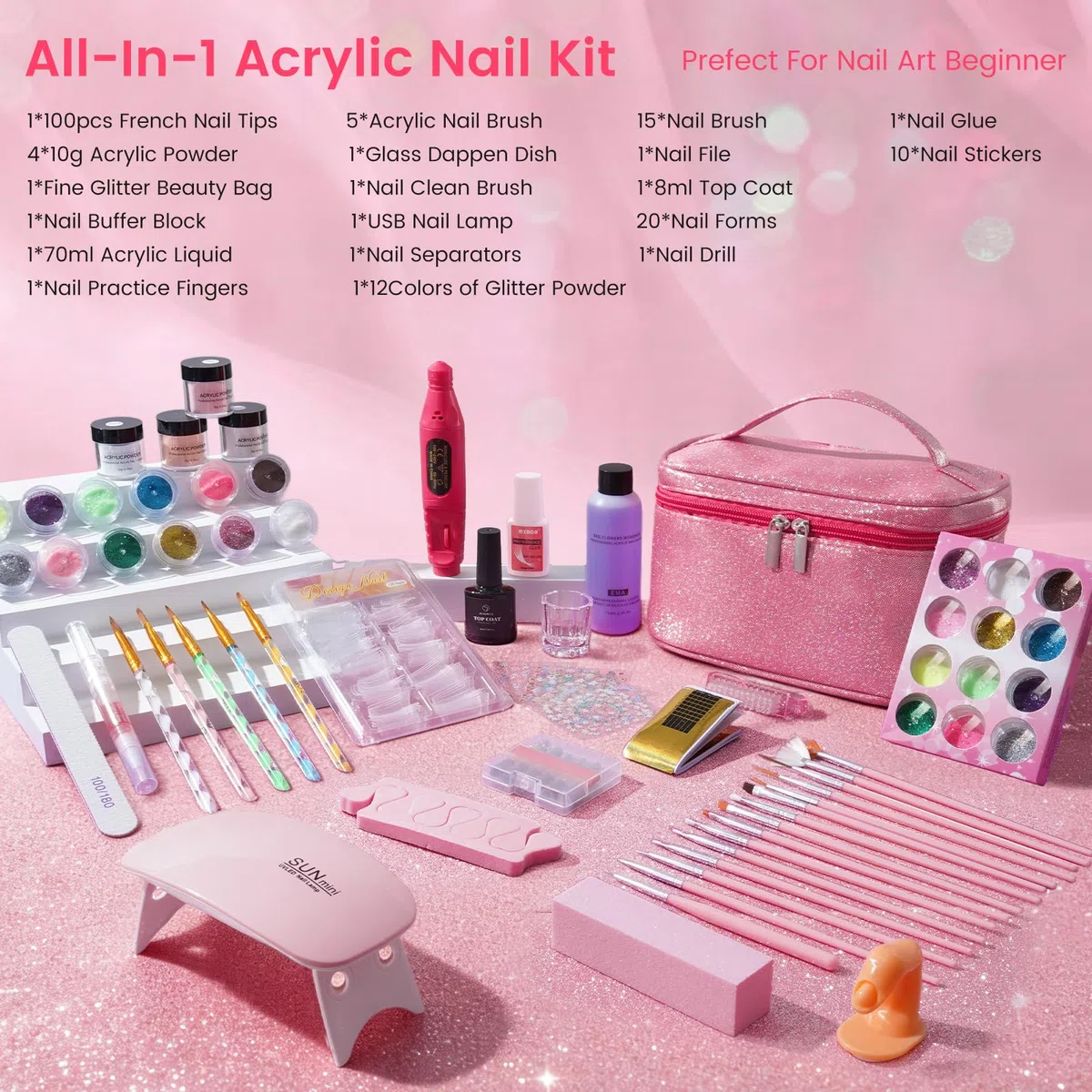 Kit de Uñas Acrílicas para Principiantes Completo: 4 Colores Acrilico Para Uñas con Dedo de Práctica Taladro Lámpara UV - Kit Uñas Semipermanentes Extensión con Bolsa Glitter