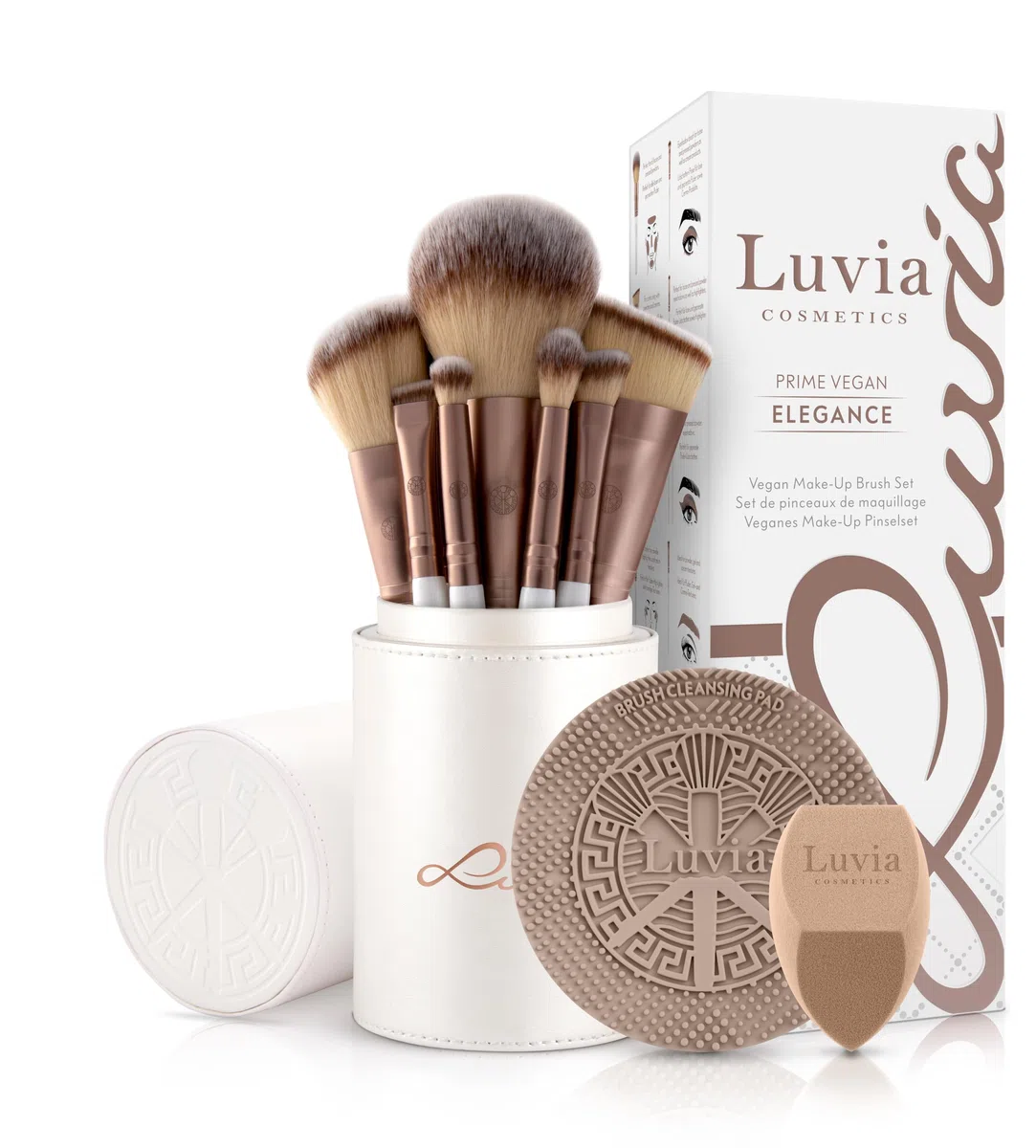 Luvia Prime Vegan Pro - Juego de brochas de maquillaje (12 unidades, incluye soporte para brochas, esponja y estera de limpieza) Nacarado Coffee