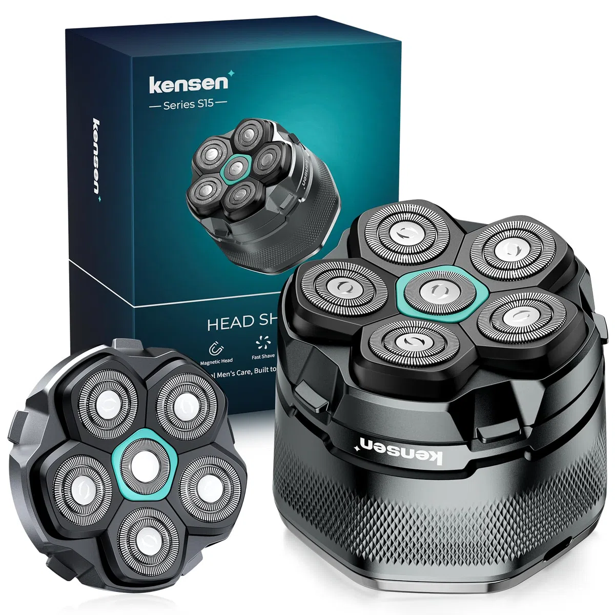 kensen Kit Afeitadora Cabeza Hombre, Maquina Afeitar Cabeza con Cabezal de Repuesto, 6D Cabezales Afeitadora para Calvos, Uso en Seco y Húmedo, Pantalla LED, 180 mins Uso, IPX6 Impermeable