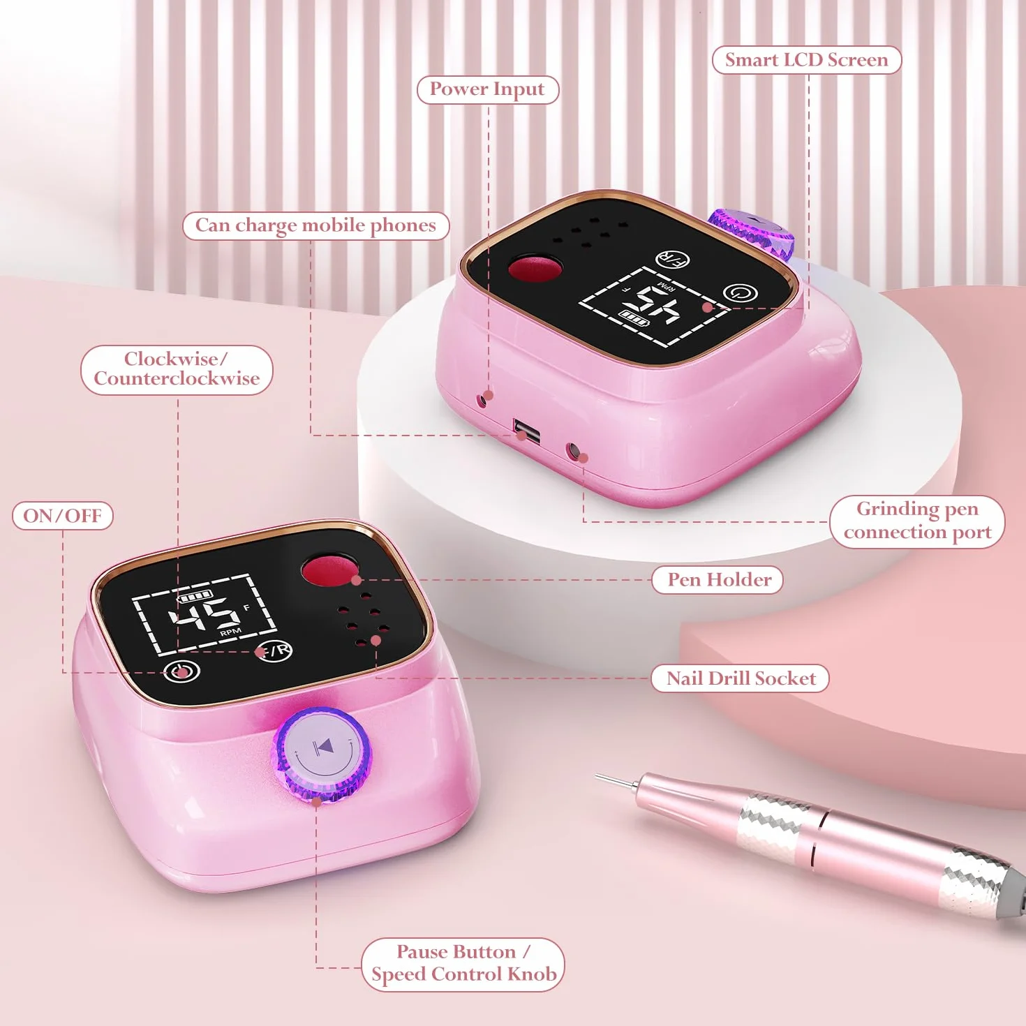 45,000 RPM Torno para Uñas Eléctricos, Lima Electrica Uñas Profesional, Pedicura, Pulido y Eliminación de gel de Uñas Acrílicas, para Uso Doméstico Salones de Uñas, Rosa