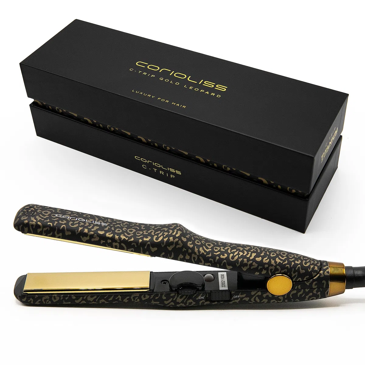 Corioliss C Trip Mini Plancha Pelo Viaje | Placas de Titanio | Pelo Corto | Control de temperatura 150º-200º Leopard Gold