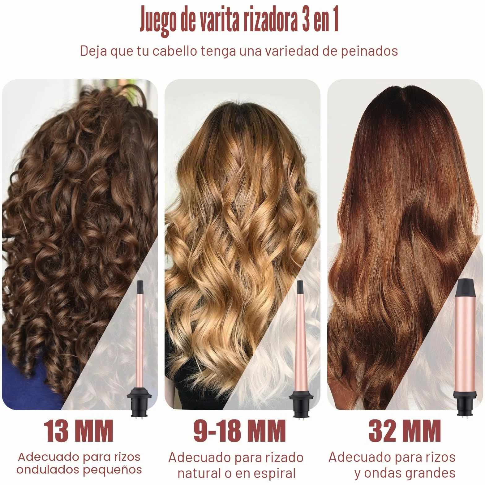 Rizador pelo Ondas Rizador de Pelo 3 en 1 Temperatura Ajustable Rizador Pelo 9-32mm Tenacillas para Rizar el Pelo Profesional Pantalla LCD Curling Iron para Rizos Grandes y Pequeños