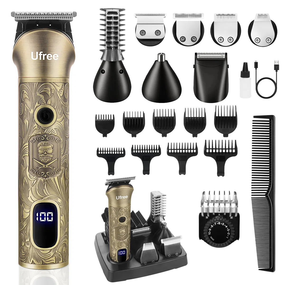 Ufree Recortadora de barba para hombres, afeitadora eléctrica, kit de afeitado inalámbrico para bigote, cuerpo, nariz, oreja, vello facial, kit de aseo de barba ajustable, regalos de cumpleaños para