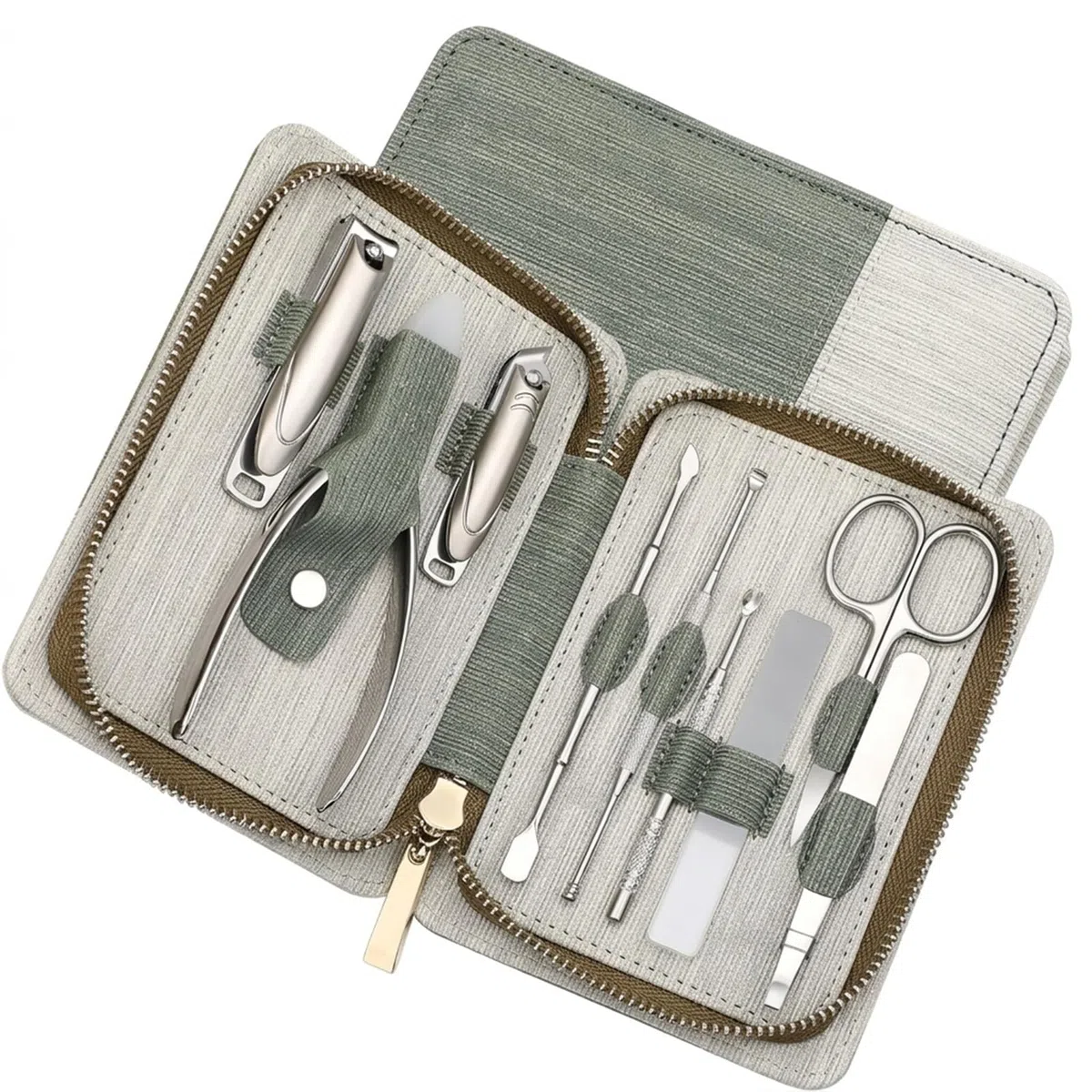 Set de Manicura 9 Piezas, Kit de Pedicura de Acero Inoxidable con Estuche, Set Profesional para el Cuidado de las Uñas con Cortaúñas, Tijeras, Lima de Vidrio para Uso Doméstico y Viajes