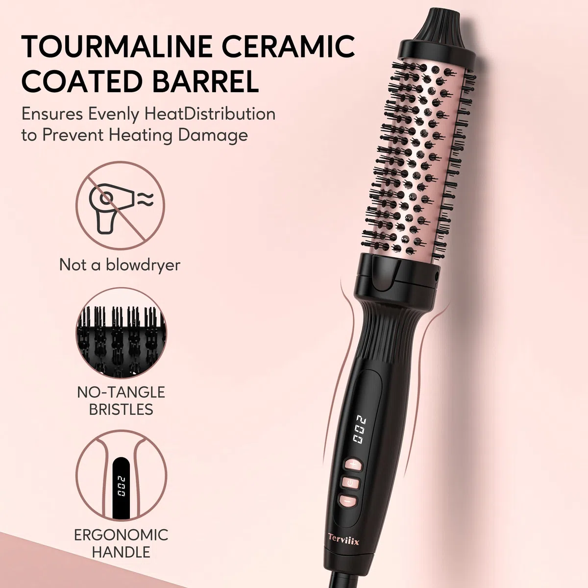Terviiix cepillo de pelo caliente, queratina proteger barril calentado cepillo térmico, iónico suave brillo volumizar peine, doble voltaje alisador de pelo rizador herramienta de peinado 32mm