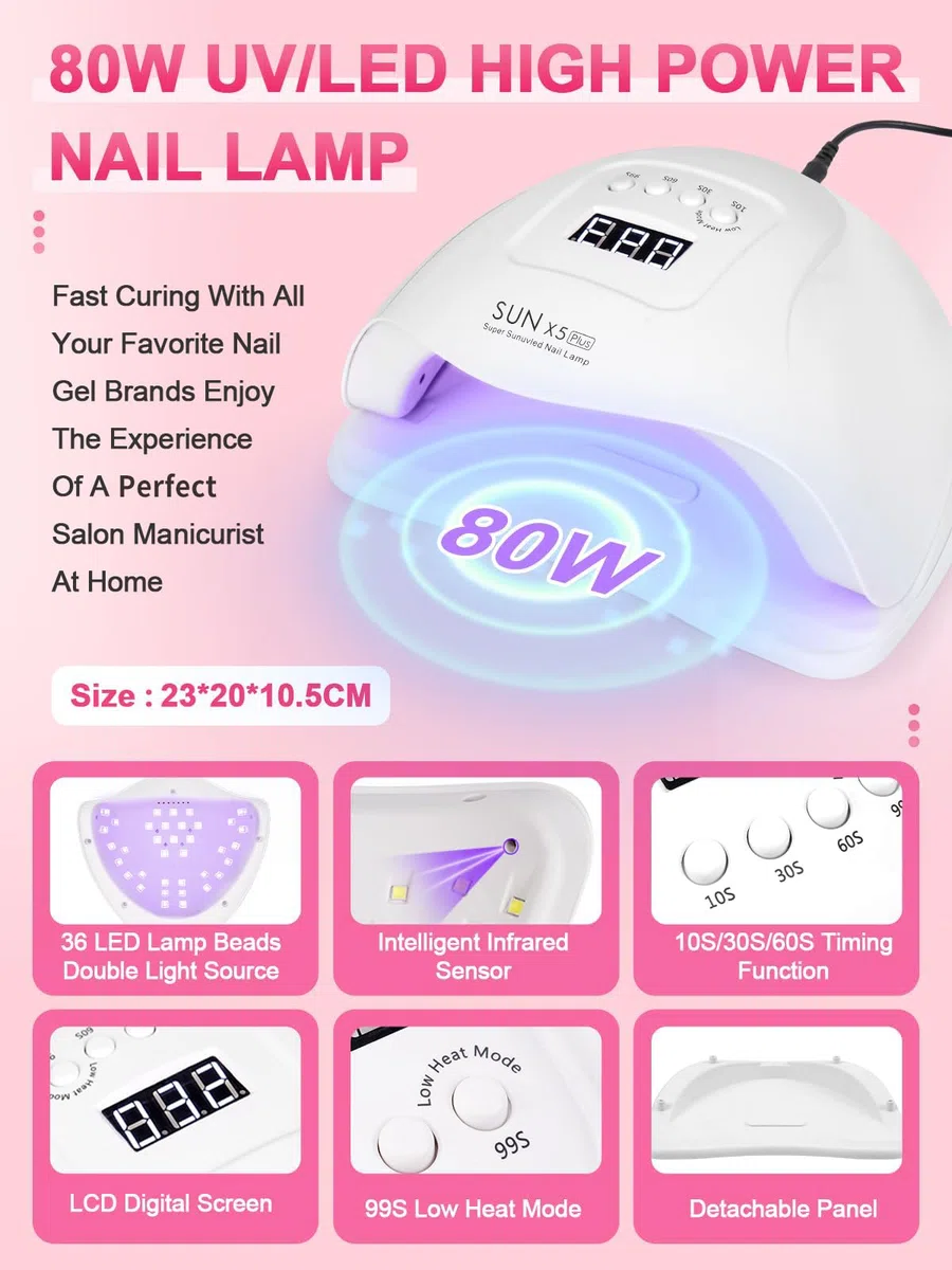 Yokilly Acrilico Para Uñas: Kit Uñas Semipermanentes Completo Con 80W UV LED Lámpara Limador De Uñas Electrico - Kit Uñas Acrilicas Con 3 Color 30G Polvo Acrilico Para Uñas