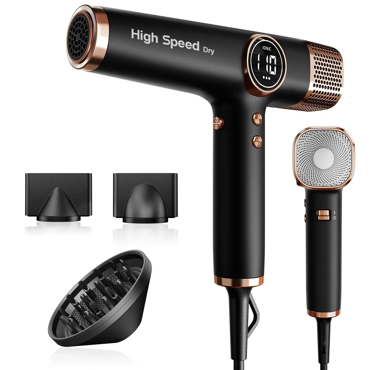 Faszin Secador de Pelo Profesional, Secador Rápido Ligero, Motor 110,000 RPM, Secador Pelo Iónico de 200 Millones para Mujeres y Hombres, Silencioso con 3 Boquillas Magnéticas (Negro y oro)