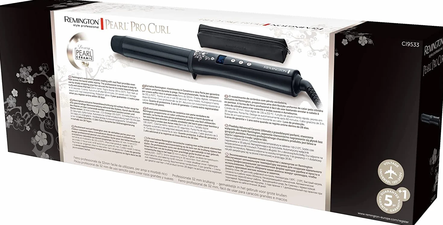 Remington Rizador de Pelo Pearl - Cerámica Avanzada con Perla, Ondulador de Pelo con Barril de 32 mm, Crea Rizos Grandes y Ondas Suaves, Temperatura hasta 210°C, Digital, Punta Fría - CI9533