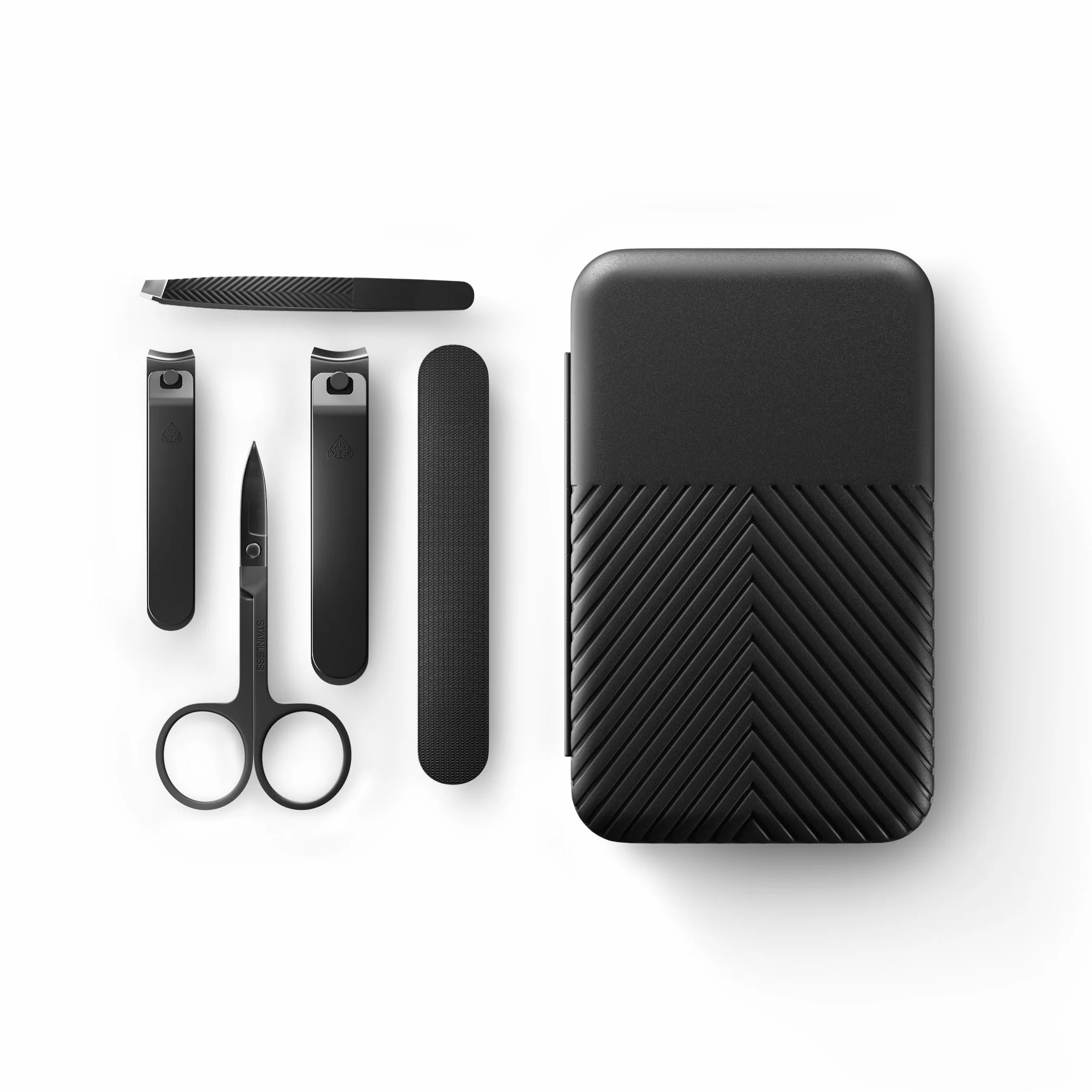MANSCAPED® Shears 3.0, juego de manicura de acero inoxidable para hombres de 5 piezas con cortaúñas de manos y pies, lima de uñas, pinzas de punta inclinada, tijeras para cutículas y estuche de viaje