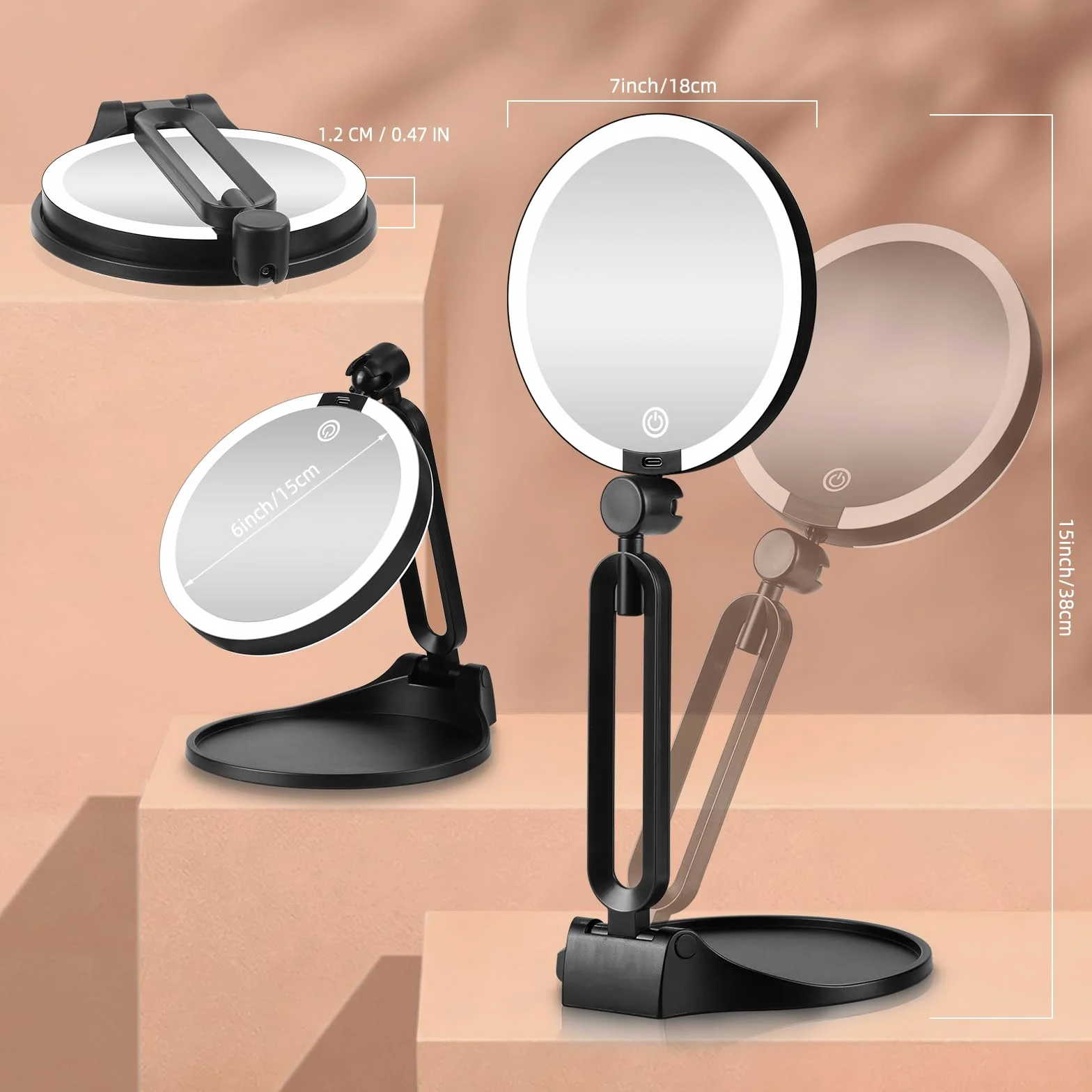 Espejo de maquillaje con aumento iluminado 30X/1X, espejo de maquillaje de doble cara con aumento 1X/30X y 3 luces de colores, espejo de escritorio recargable con aumento 30X y rotación de 360°