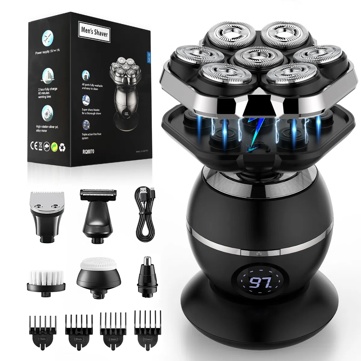 ETENTOUS 7D Maquina Afeitar Cabeza Hombre- para Calvocon Pantalla LED -Recargable Maquina Afeitar Cabeza Impermeable IPX7 en Seco y Húmedo maquina de afeitar Hombre.