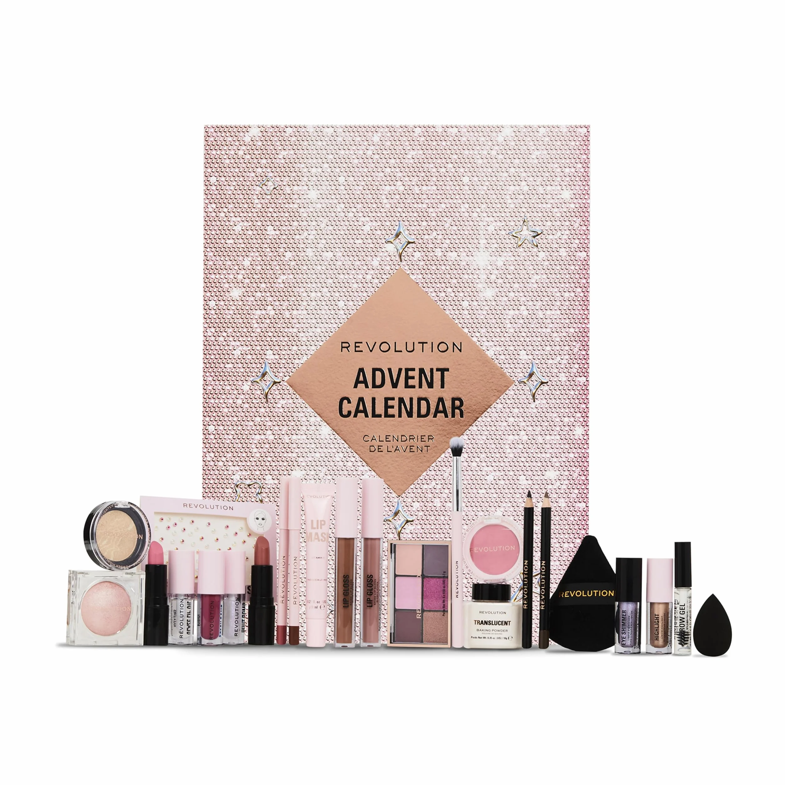 Revolution Beauty Calendario de Adviento de 24 productos, Set de Regalo con Brillo de Labios, Máscaras Labiales, Pinceles y Gel para Cejas, Vegano y Libre de Crueldad