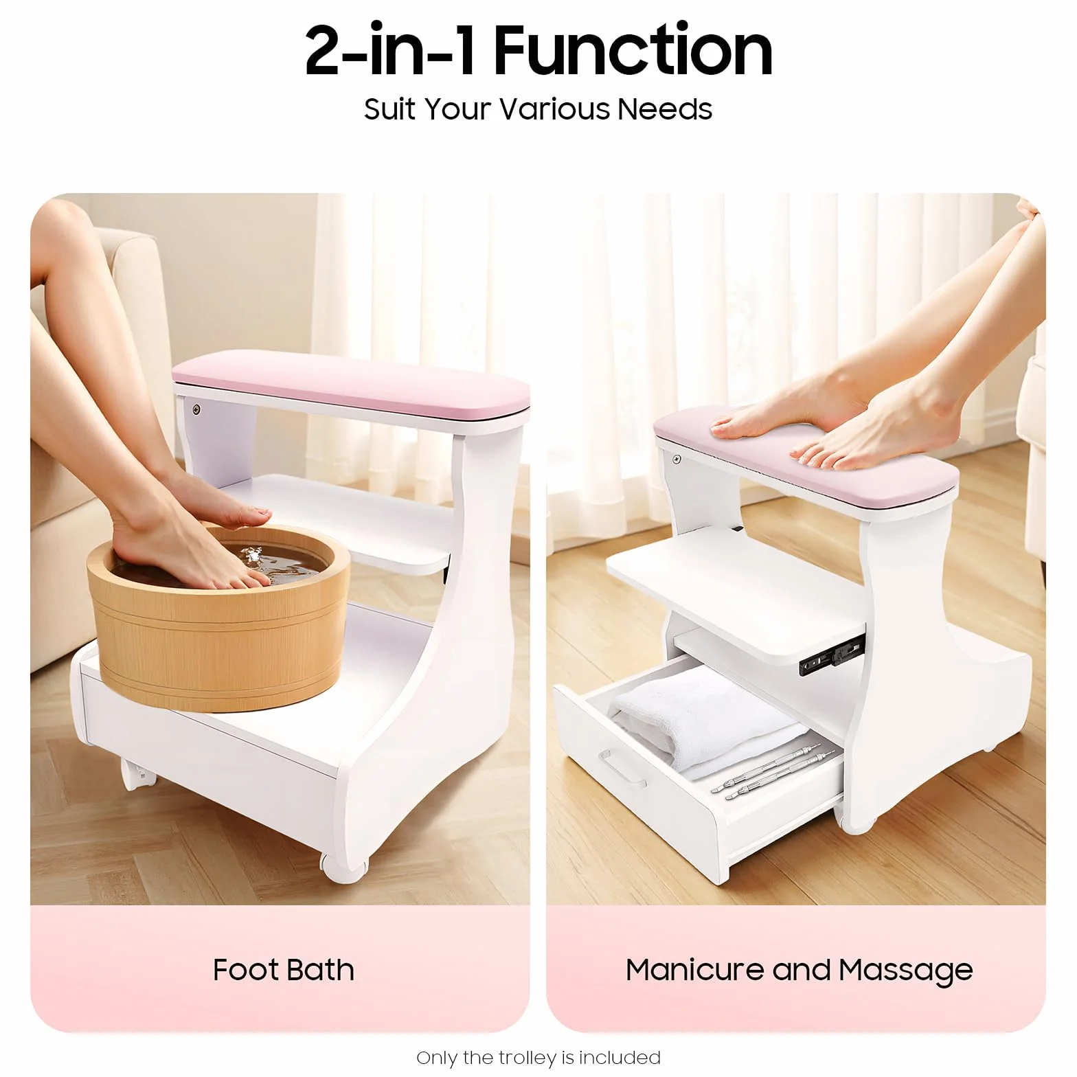 Carrito de Pedicura, Mueble Rodante para Manicura y Cuidado, Taburete de Cuatro Ruedas con Bandeja y Almacenamiento, con Reposapies, Ideal para Salón de Belleza, Spa y Uso Doméstico Profesional