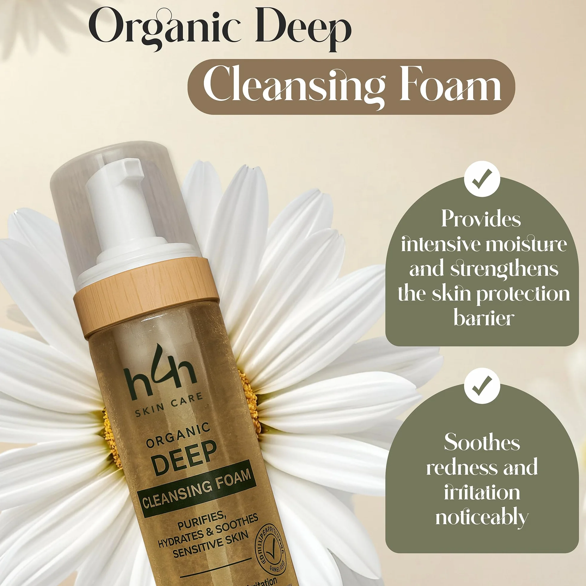 Espuma limpiadora facial orgánica – Limpieza facial suave para pieles sensibles – Con aloe vera, ácido hialurónico y manzanilla – Limpiador de espuma hidratante – Vegano y sin perfume – 150 ml