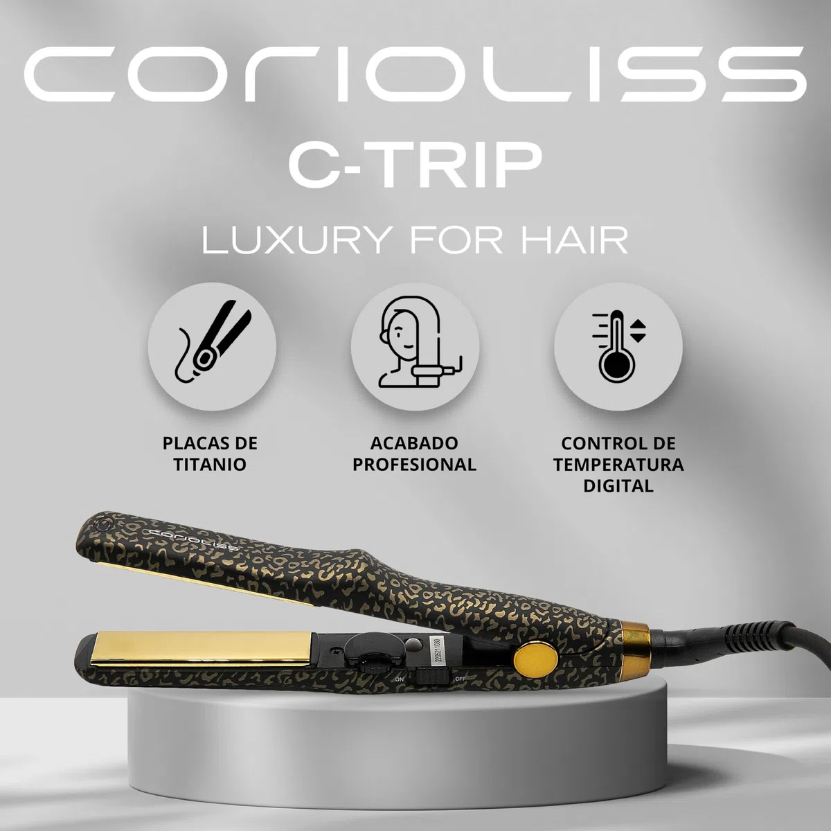 Corioliss C Trip Mini Plancha Pelo Viaje | Placas de Titanio | Pelo Corto | Control de temperatura 150º-200º Leopard Gold
