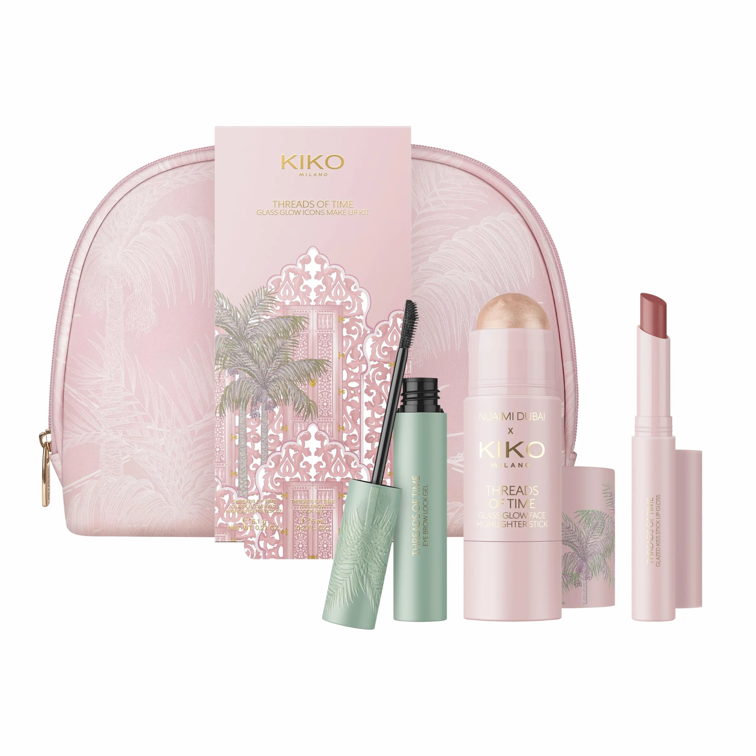 KIKO Milano Threads Of Time Glass Glow Icons Make Up Kit, Kit De Maquillaje De Regalo: Iluminador En Stick, Cera Para Cejas Y Brillo En Stick
