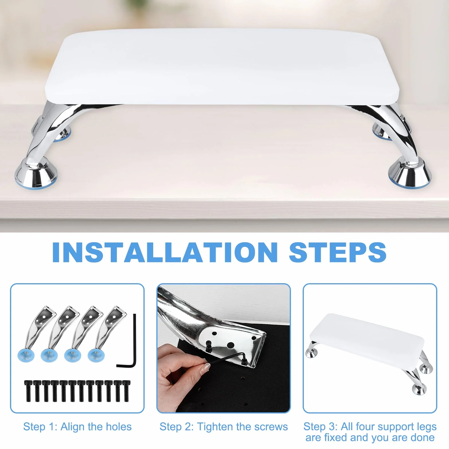 Cojín reposamanos para uñas,reposabrazos para uñas con soporte de acero inoxidable,Cojín de Mano de Manicura de Cuero de Microfibra ideal para salón de manicura,suave e impermeable (blanco)