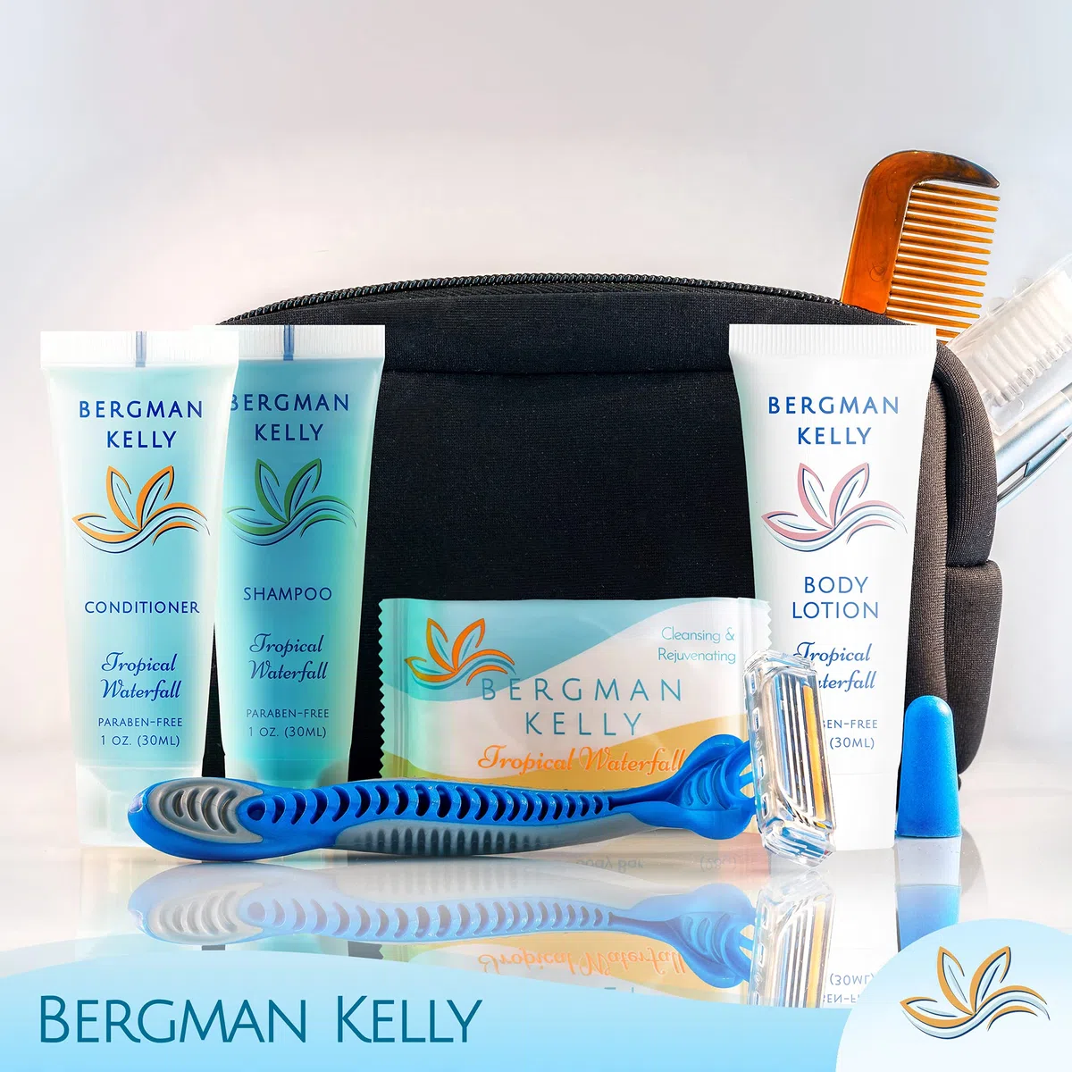 Lote de artículos de tocador del hotel Bergman Kelly - Cascada tropical, 30 ml cada uno, 200 unidades - Conjunto de 4 piezas: 50 pastillas de jabón, champú, acondicionador y loción corporal