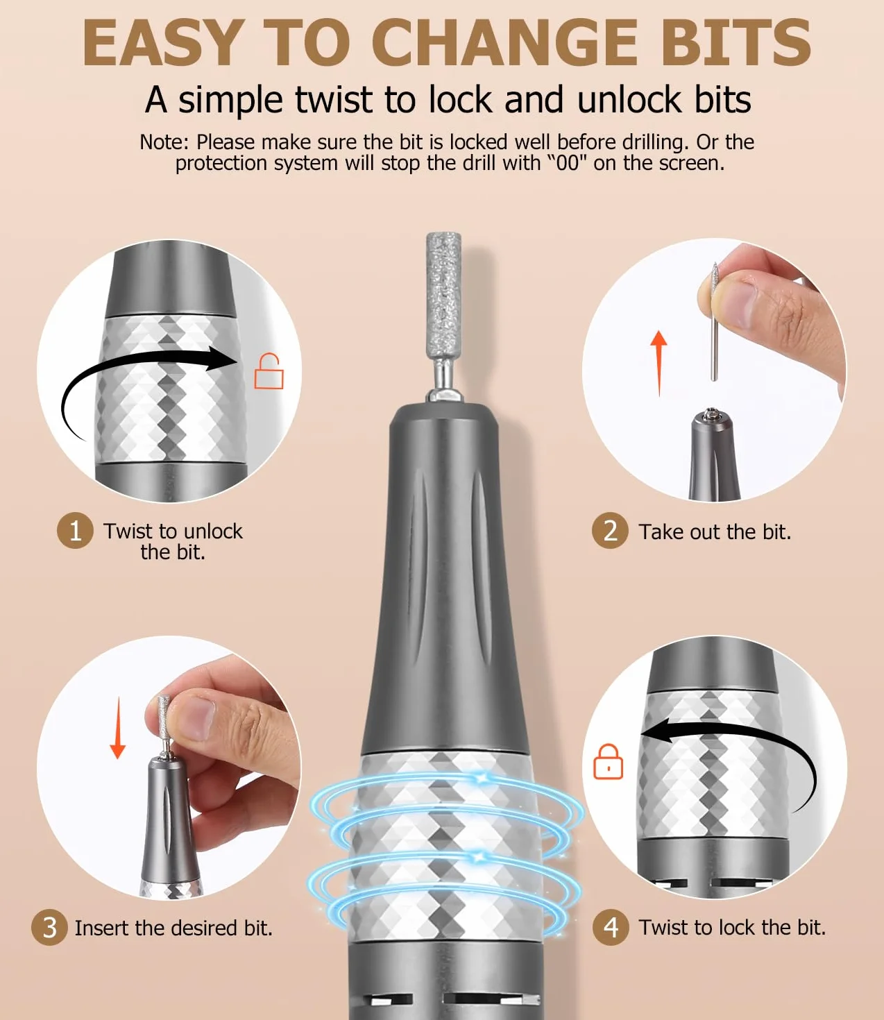 45,000RPM Torno para Uñas Profesional, Lima Electrica Uñas, Velocidad Ajustable,Set de Accesorios para Manicura y Pedicura con Brocas de Cerámica,para Uso Doméstico Salones de Uñas