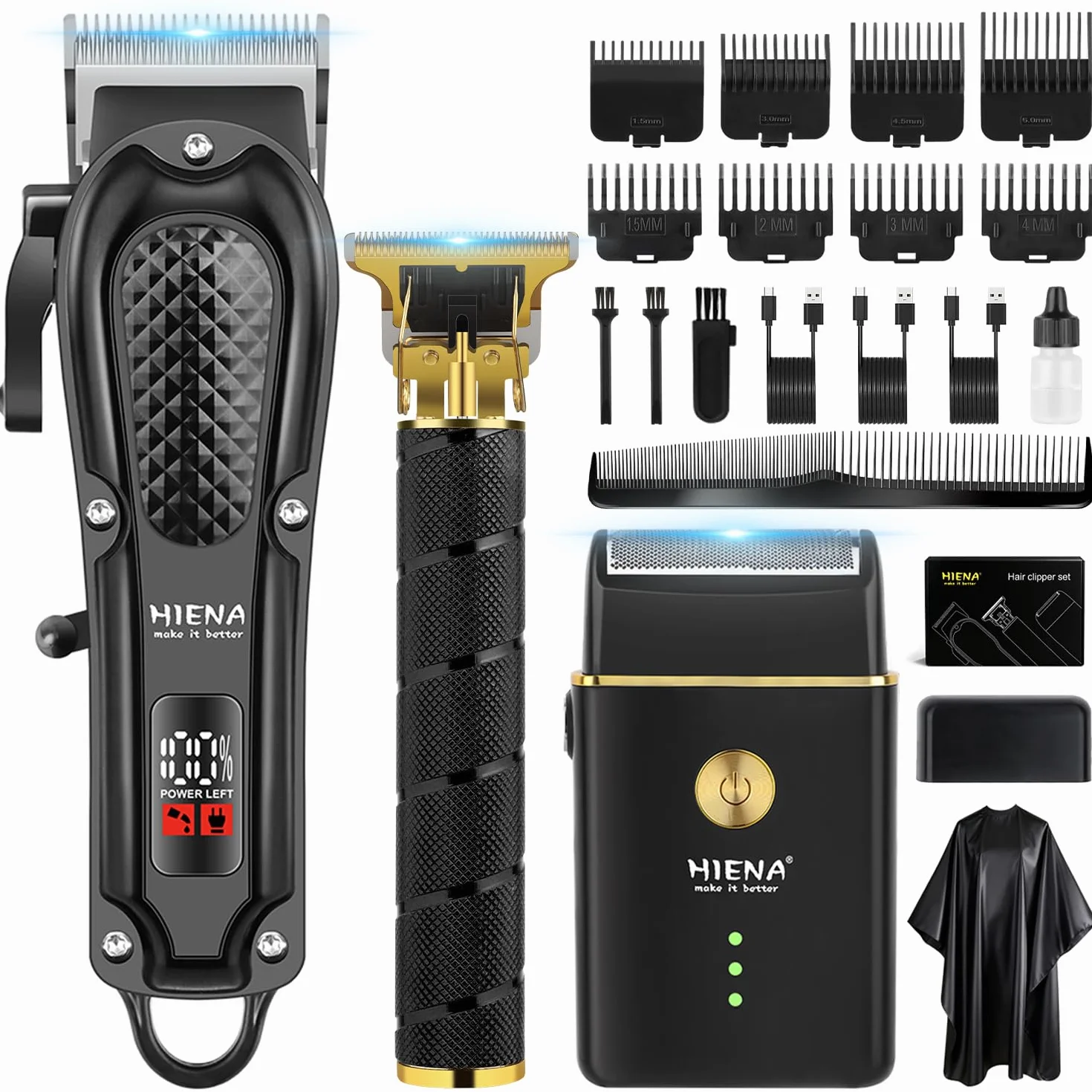 HIENA PRO Maquina de Cortar Pelo Inalámbrico Cortapelos Recortador de Barba Kit Completo 3 Piezas