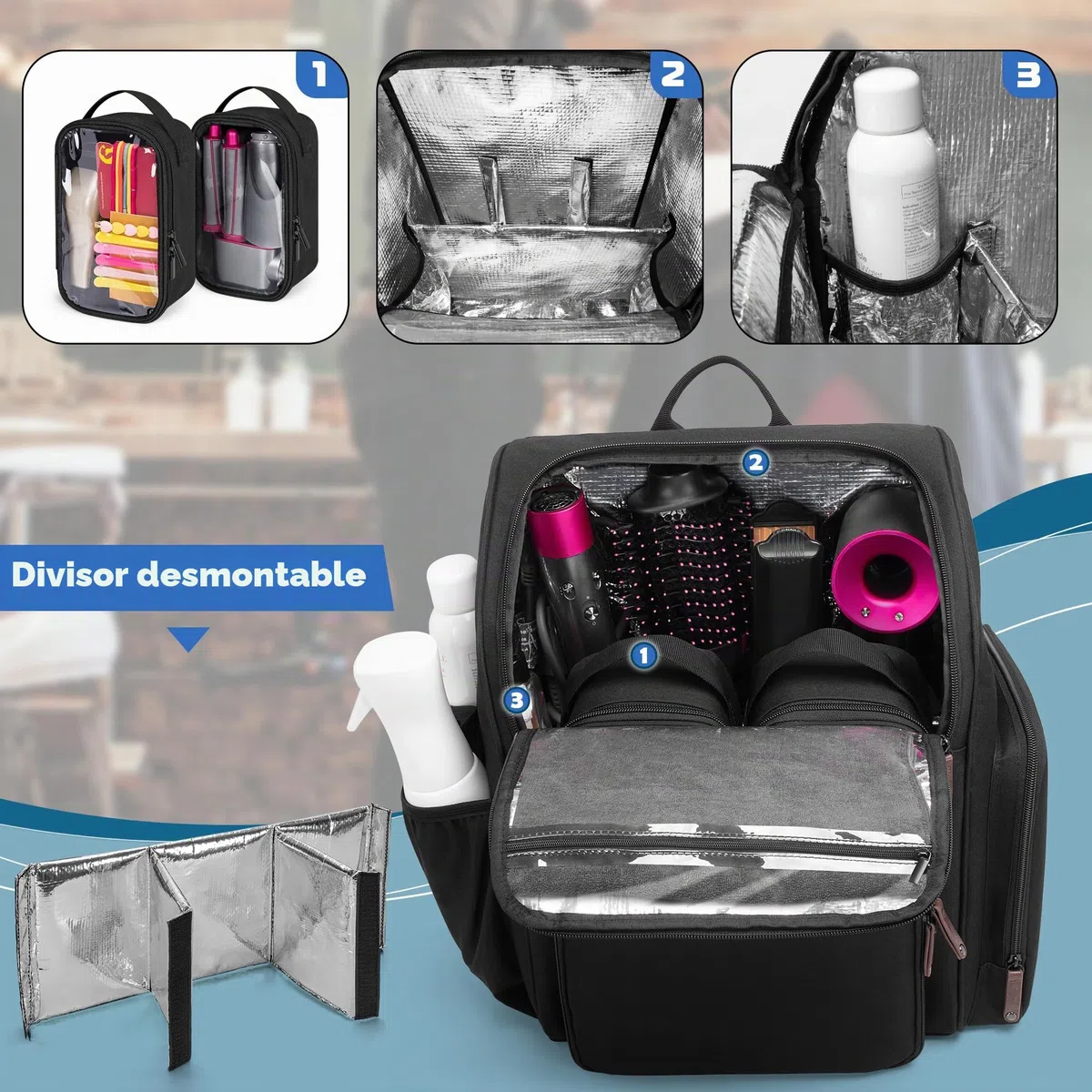 BAFASO Mochila de Peluquería Aislamiento, Bolsa de Viaje para Peluquería para Divisor Semidesmontable y Dos Bolsillos Extraíbles (Sin Accesorios), Negro