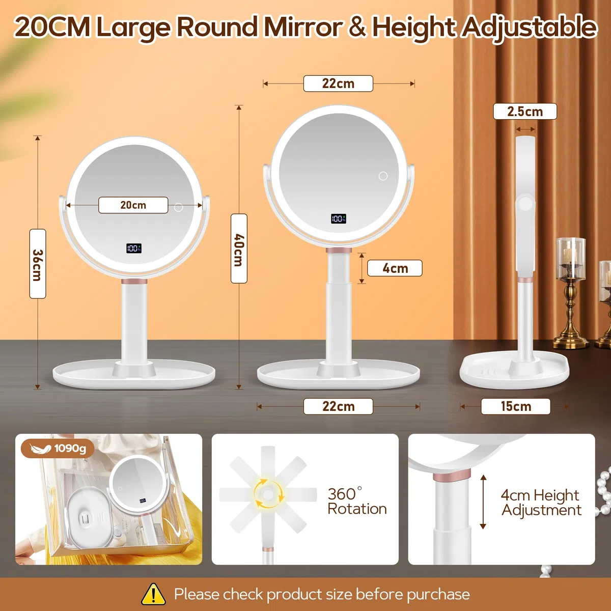 B Beauty Planet Espejo Maquillaje con Luz, 30X/1X Espejo Aumento con Luz, Doble Cara, Espejo de Maquillaje Iluminado Pinzas, 3 Modos de Color con Brillo y Altura Ajustable (Blanco)