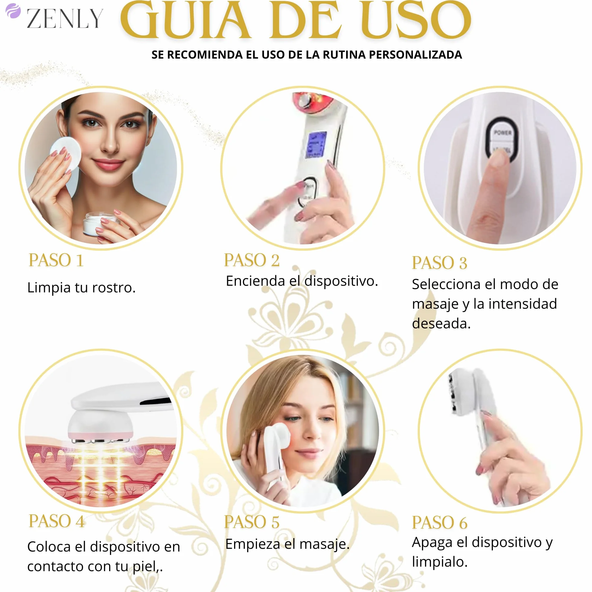ZENLY Masajeador Radiofrecuencia Facial Multifuncional Profesional 6 en 1 - Tratamiento Antiarrugas, Lifting, Limpieza Profunda con Tecnología EMS y Luz LED para Piel Radiante, Rejuvenece y Tonifica
