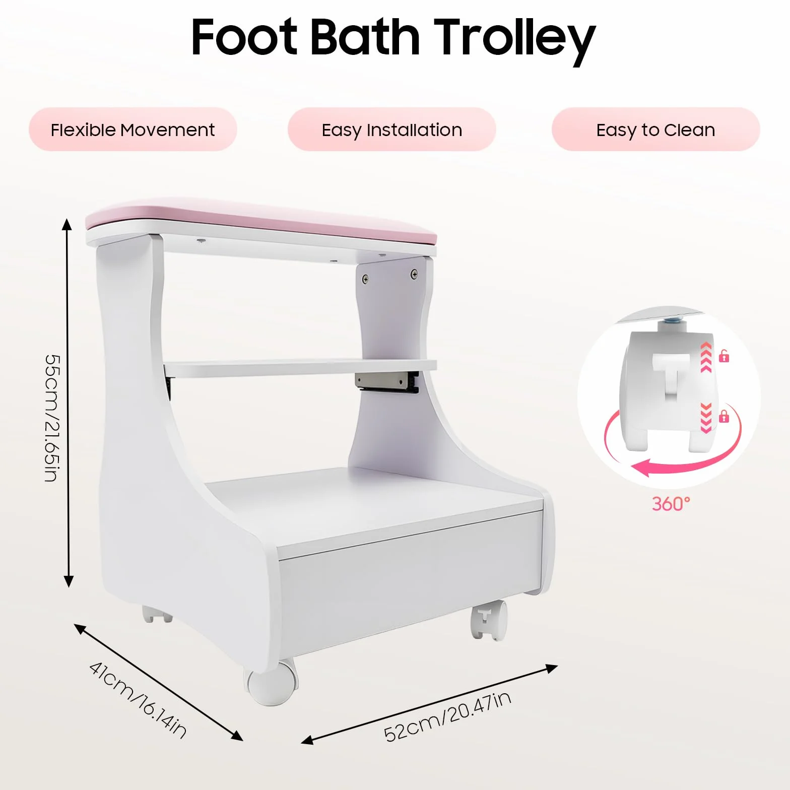 Carrito de Pedicura, Mueble Rodante para Manicura y Cuidado, Taburete de Cuatro Ruedas con Bandeja y Almacenamiento, con Reposapies, Ideal para Salón de Belleza, Spa y Uso Doméstico Profesional