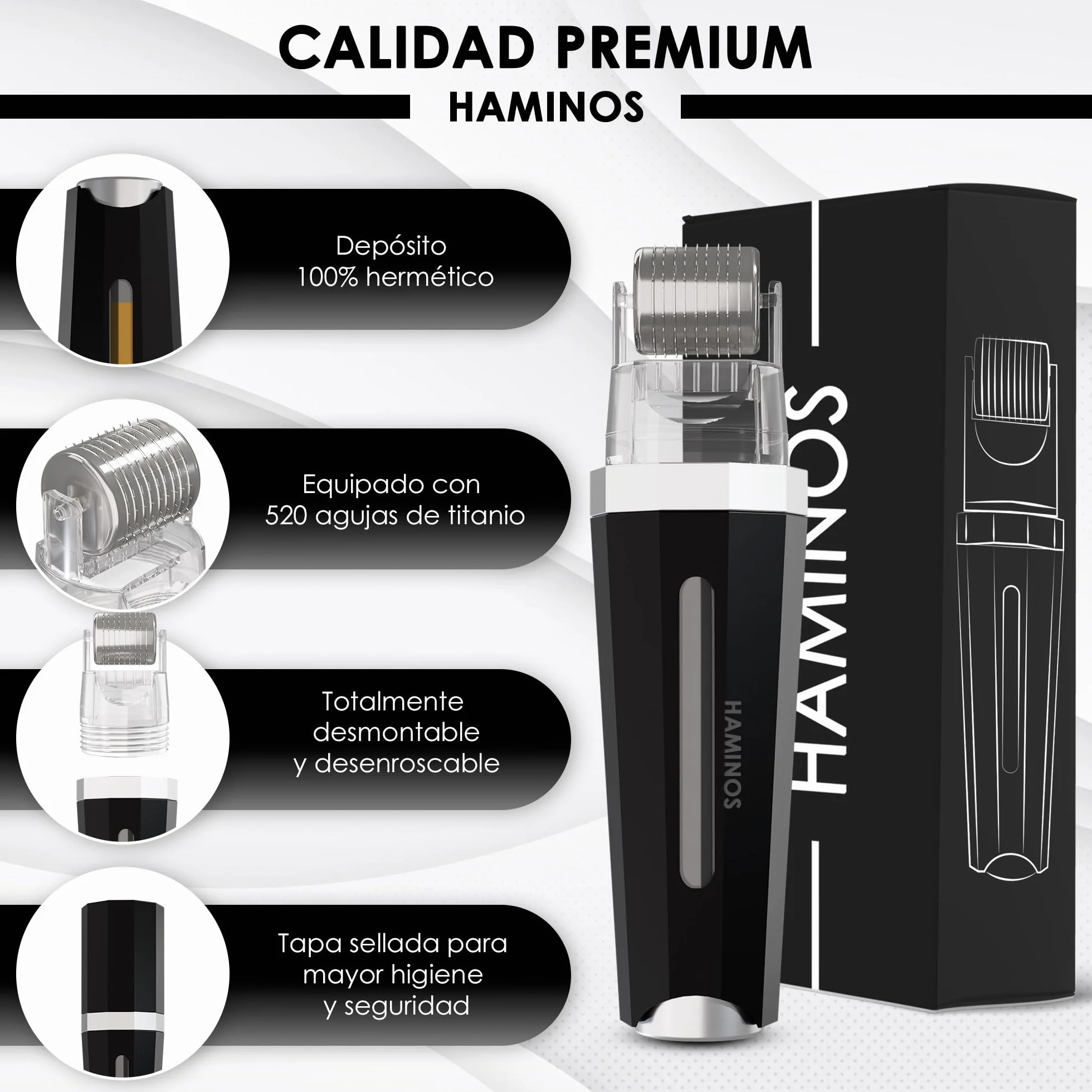 HAMINOS Derma roller 1 mm 3.0 con Depósito para Cabello, Barba, Piel, Arrugas, Estrías, Hiperpigmentación APLICACIÓN INSTANTÁNEA DEL SÉRUM, 520 Agujas de Titanio