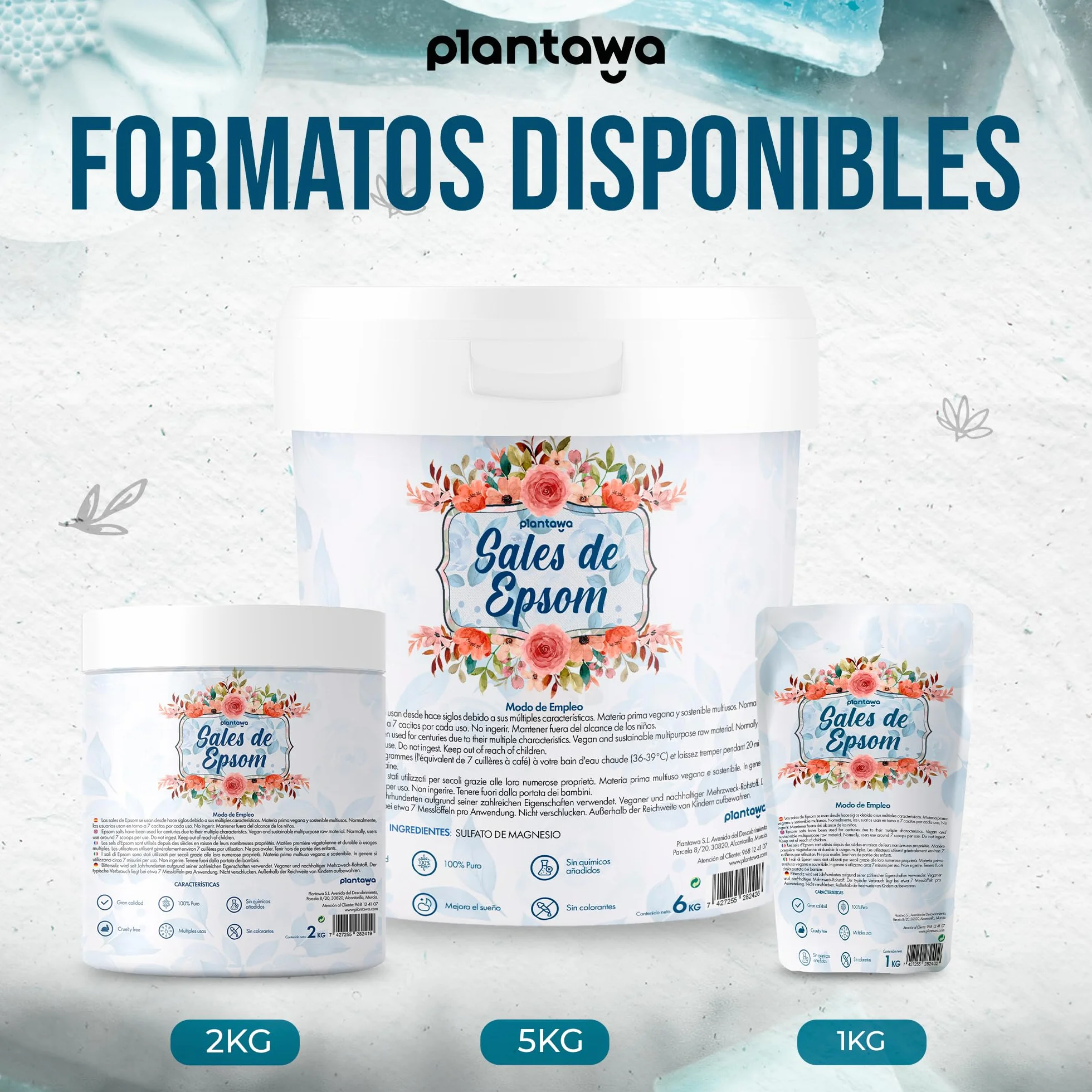 Plantawa Sales de Epsom 6KG Sal de Baño Concentrado de Magnesio Puro Sin Toxinas 100% Natural Cuidado Personal