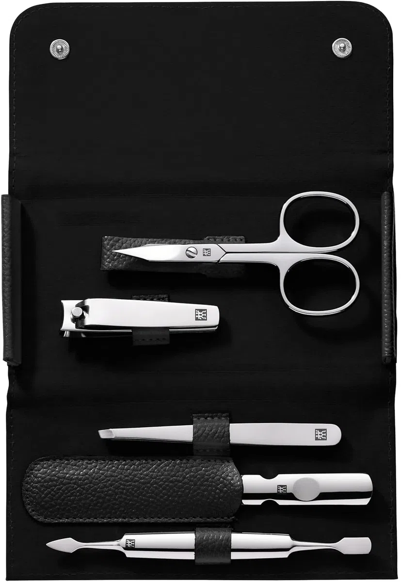 ZWILLING Set de manicura (5 piezas, estuche de pedicura en tamaño de viaje, con cortaúñas, estuche de piel auténtica), acero inoxidable pulido, negro